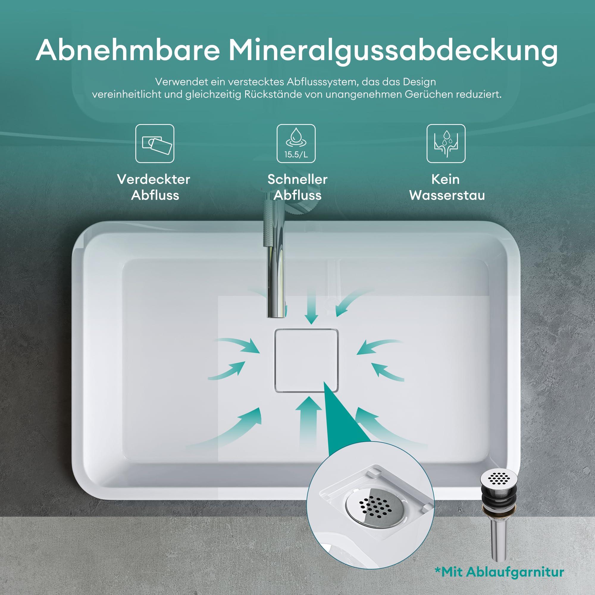 Mai & Mai Waschbecken mineralguss Einbauwaschbecken ca. 60x38x12 cm (BxTxH) in Weiß hochglanz mit Ablaufabdeckung Col104