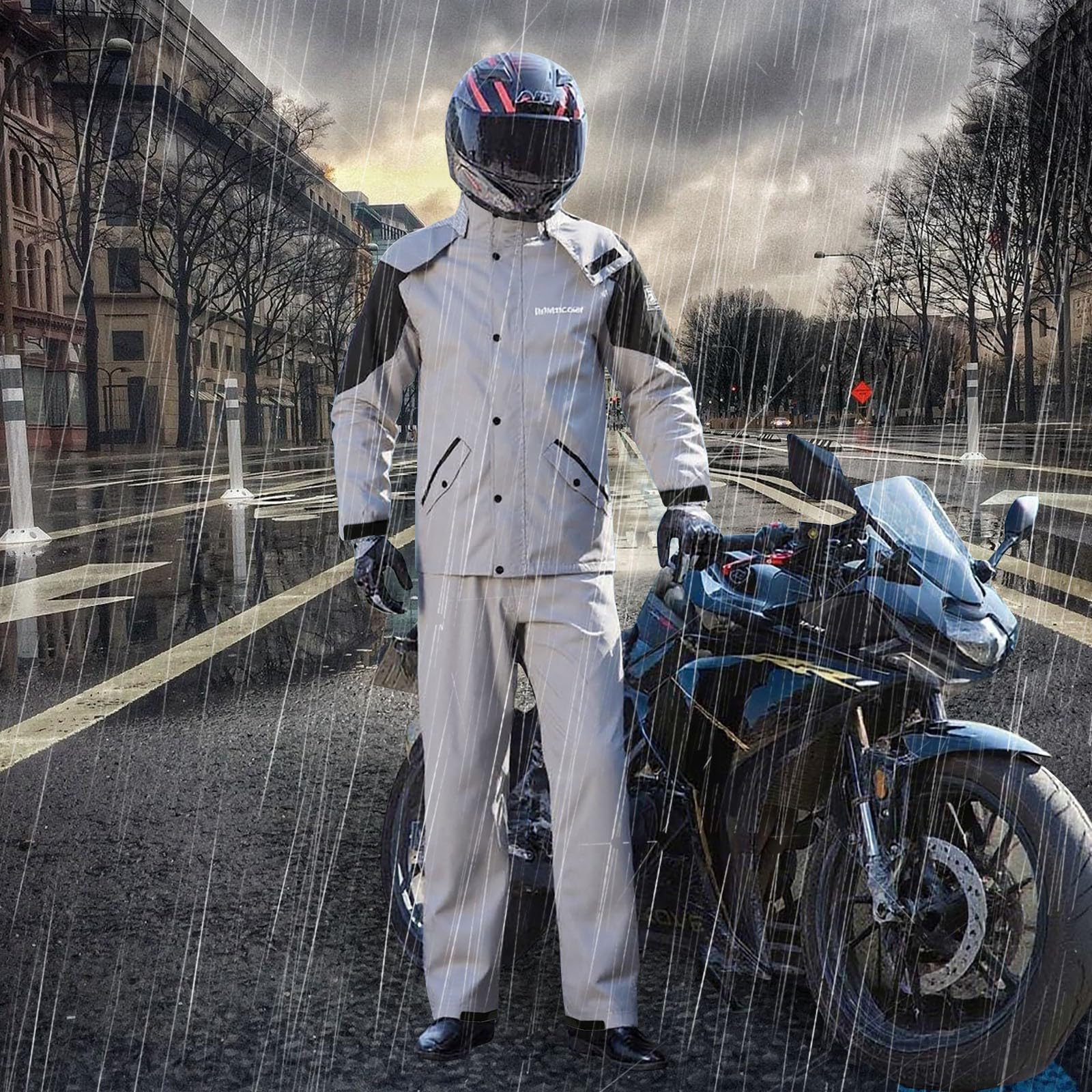 Generisch Tuta impermeabile da uomo, impermeabile, traspirante, giacca e pantaloni antipioggia, 2 pezzi, con catarifrangente, leggera, sottile, per ciclismo, moto, tempo libero, outdoor, golf
