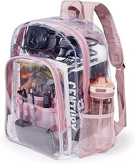 Jusdot Clear Backpack, Transparent Backpack Heavy Duty PVC See Through Backpacks Clear Bag for School, Workplace, Rose Gold