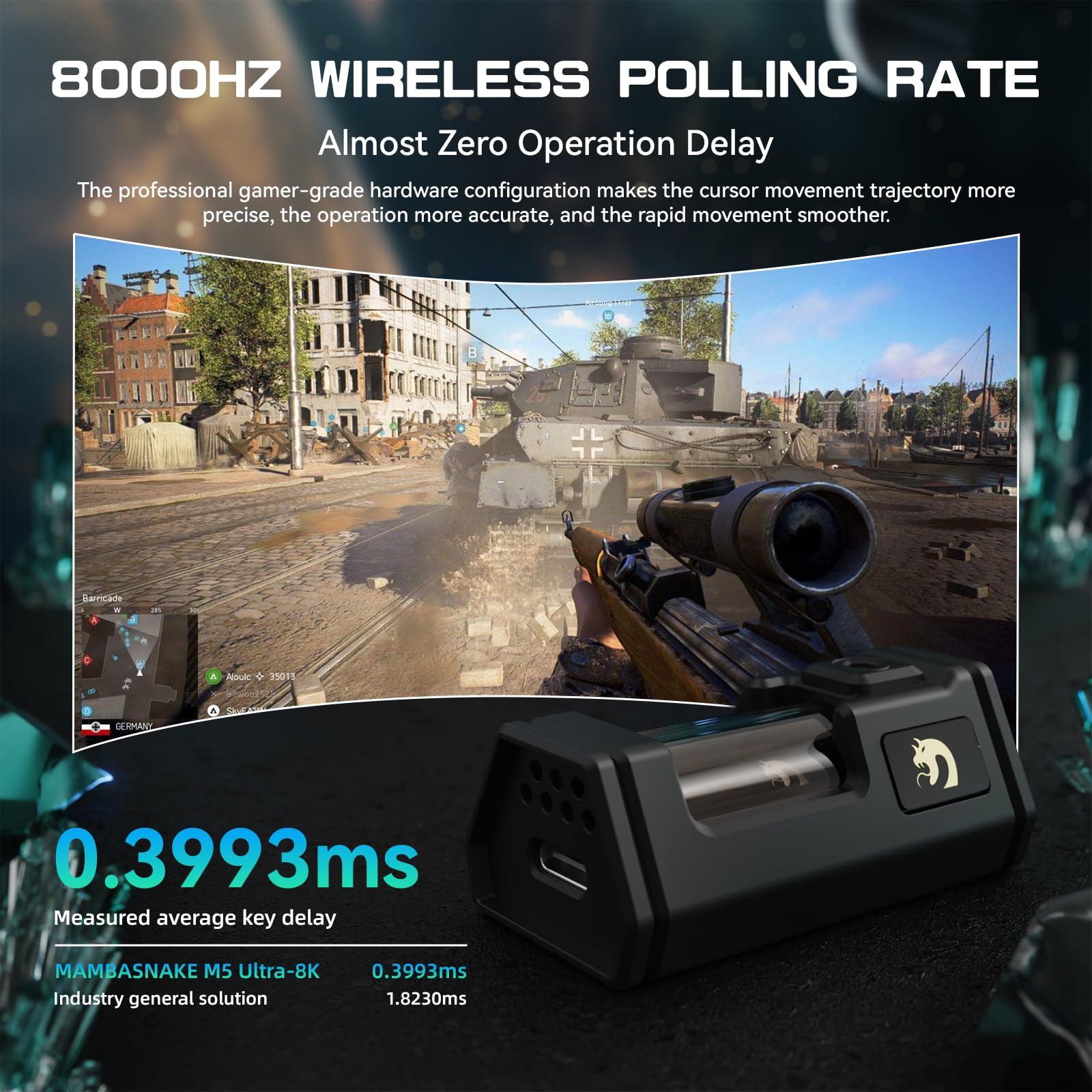 MAMBASNAKE M5 Ultra Souris de Jeu sans Fil en Fibre de Carbone 8000Hz, Jusqu'à 42 000 DPI, Capteur PAW3950 Max, Ultra-légère de 39g, Puce Nordic 52840, 2,4GHz/BT/Filaire, pour PC/Xbox/Mac - Vert