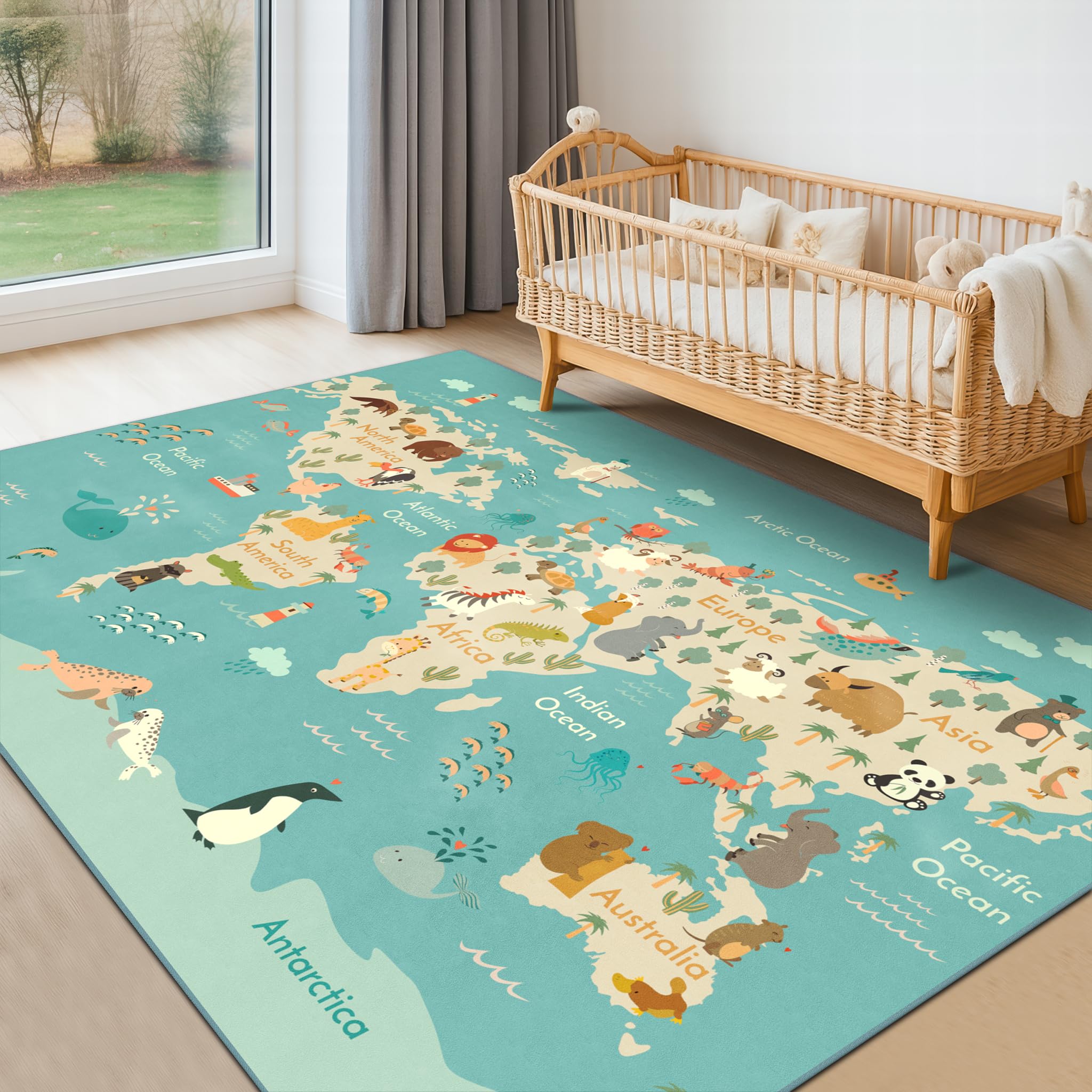 Alfombra lavable para sala de juegos para niños, alfombra de juego de 5 x 7 pies para niños en edad preescolar, bebé, educativa con lindos animales, antideslizante, resistente a las manchas, suave y 9