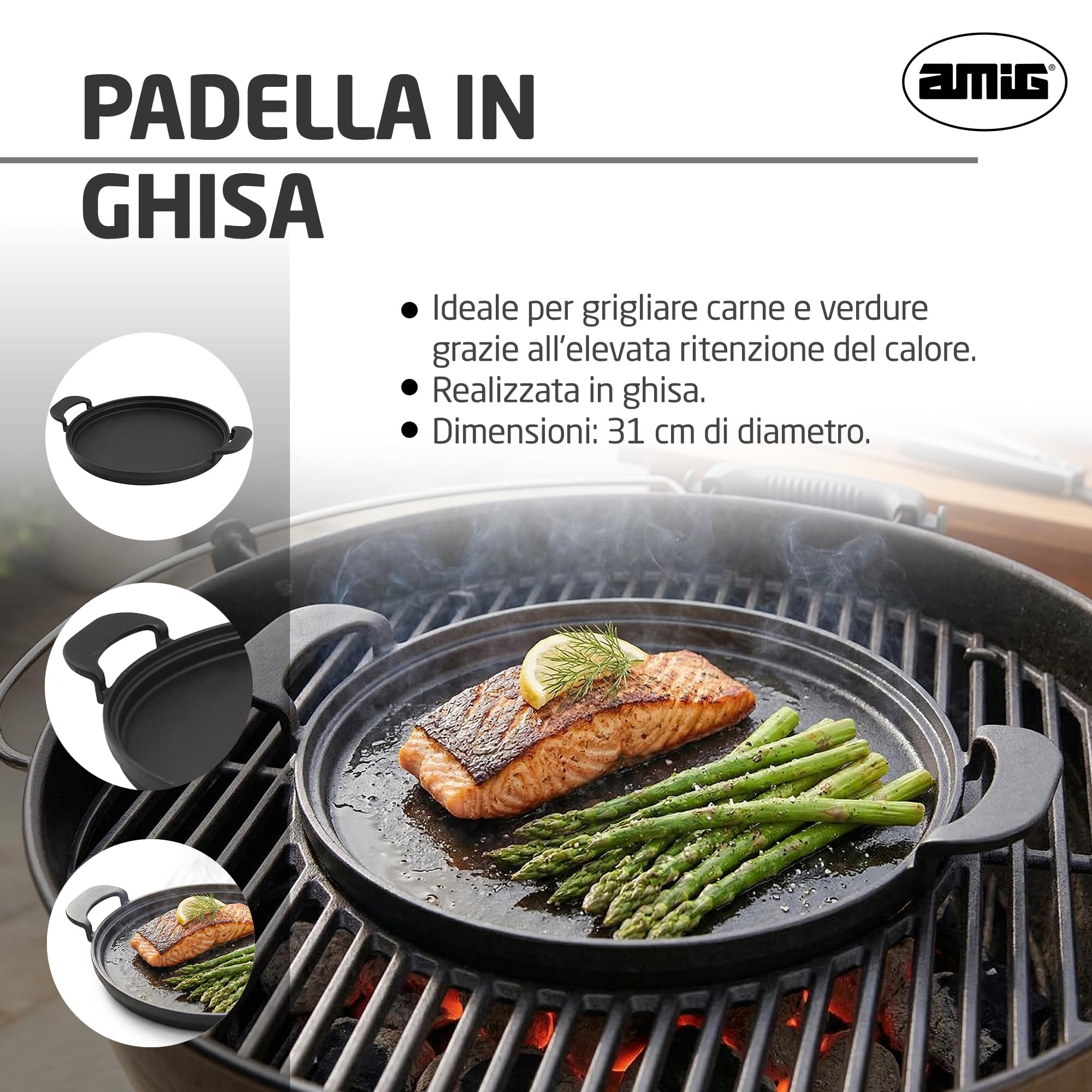 Amig - Padella in Ghisa - Ø31 cm - Distribuzione Uniforme del Calore e Alta Resistenza - Per Barbecue a Carbone o Gas - Mod. AM39