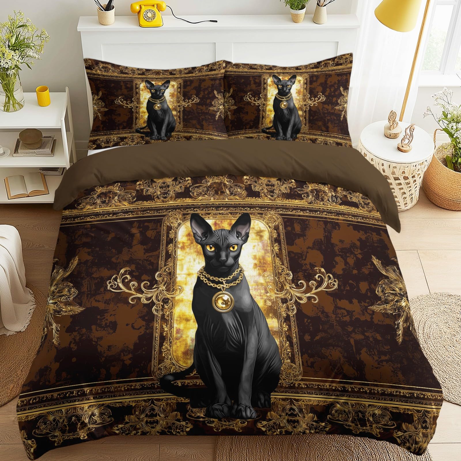 Housse de couette 260x240 chat noir parure lit microfbre