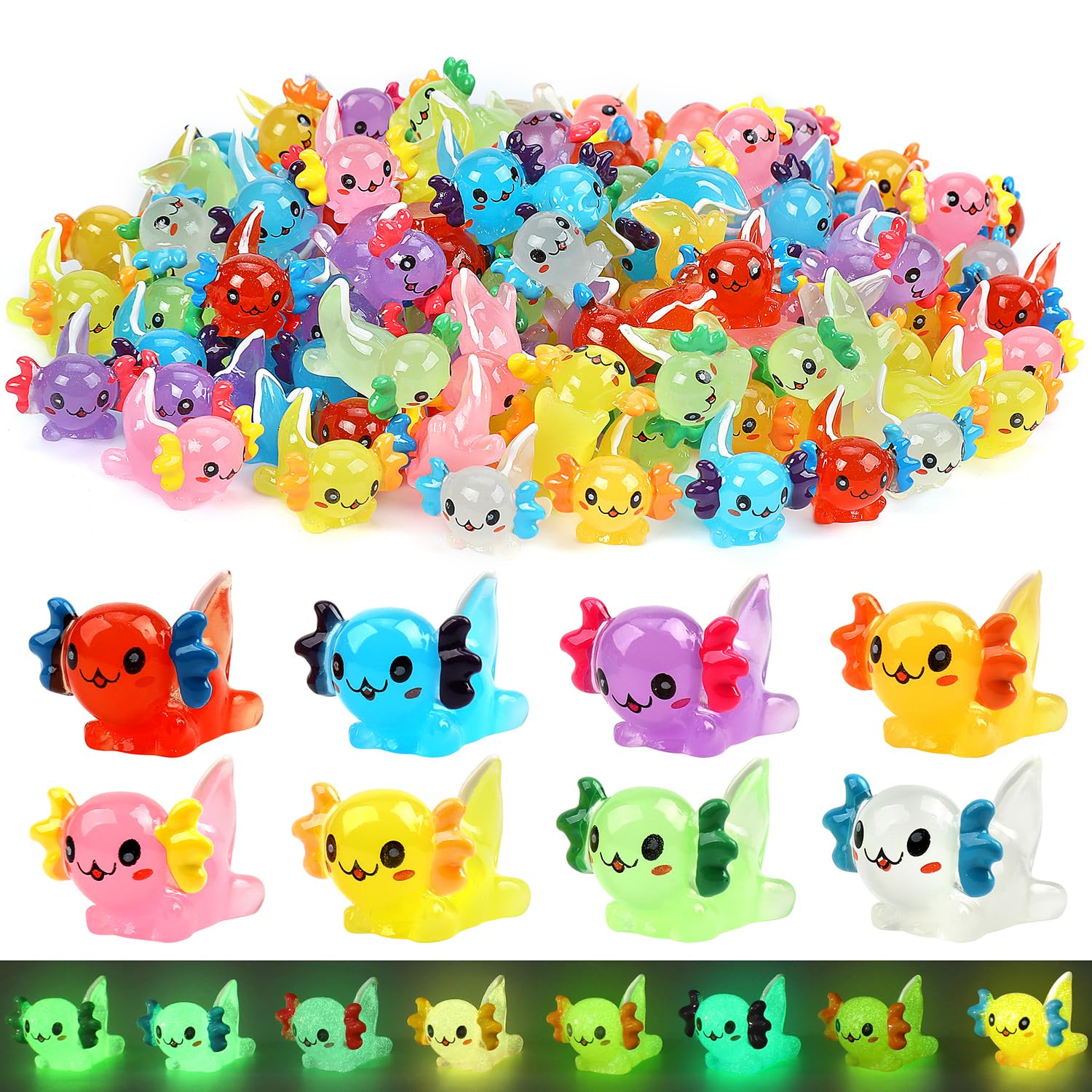 32 pcs Luminous Mini Resin Axolotl 8 Colors Glow in The Dark Tiny Small Little Resin Axolot to Hide Plastic Animal Figures for Garden Micro Landscape Aquarium Potted DIY Miniature Dollhouse Decor