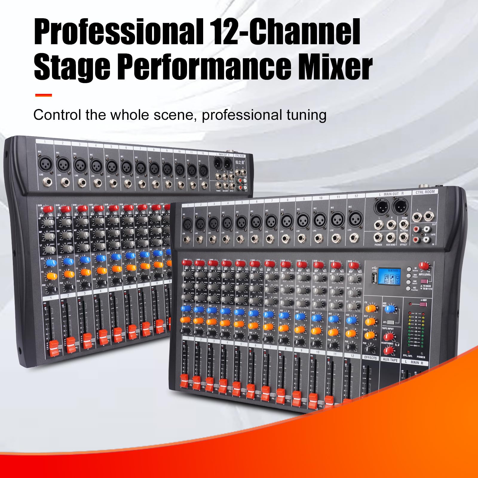 Yamnweo GX12 Professional Sound Board Console 12 Channel Mixer Interface Digital USB Bluetooth Computer MP3 Input 48V Phantom Power Stereo DJ Mixer for Live Events, Karaoke, Stage Performance (GX12)