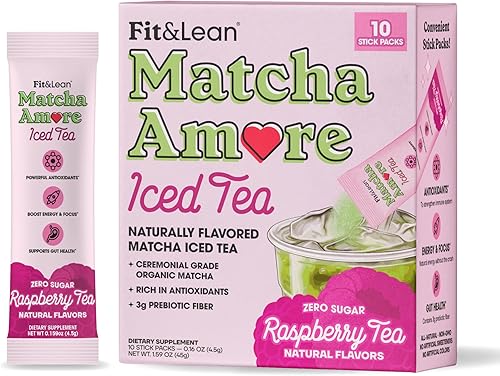 Fit & Lean Matcha Amore Té helado, té verde matcha orgánico de grado ceremonial, fibra prebiótica, L-teanina, endulzado naturalmente, sin OMG, cero