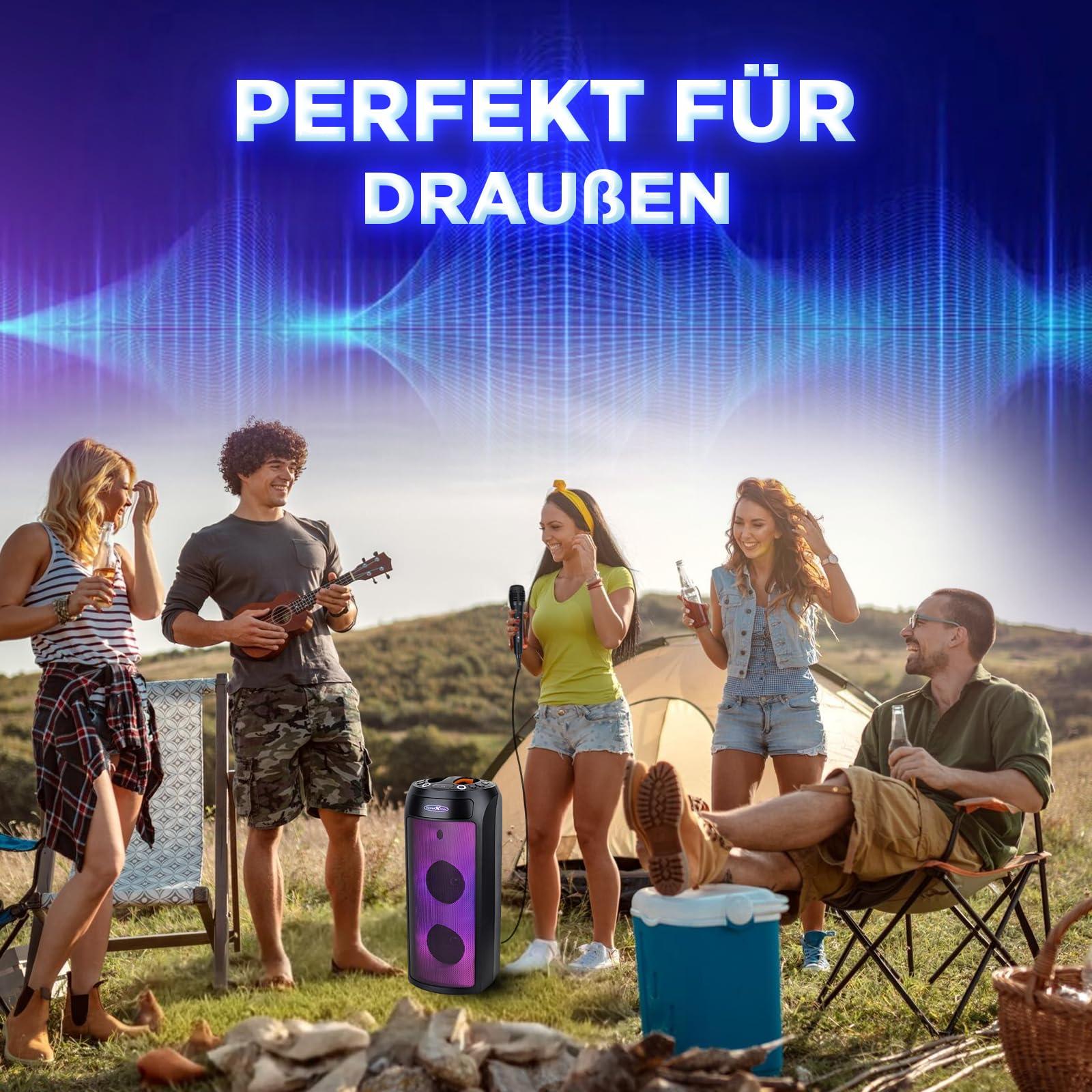 REFLEXION PSX30BT 240W Bluetooth Lautsprecher mit LED-Flammenlicht – Tragbarer TWS Speaker mit Mikrofon-Eingang, USB/AUX/FM-Radio – Leistungsstarker Sound für Party, Outdoor & Karaoke