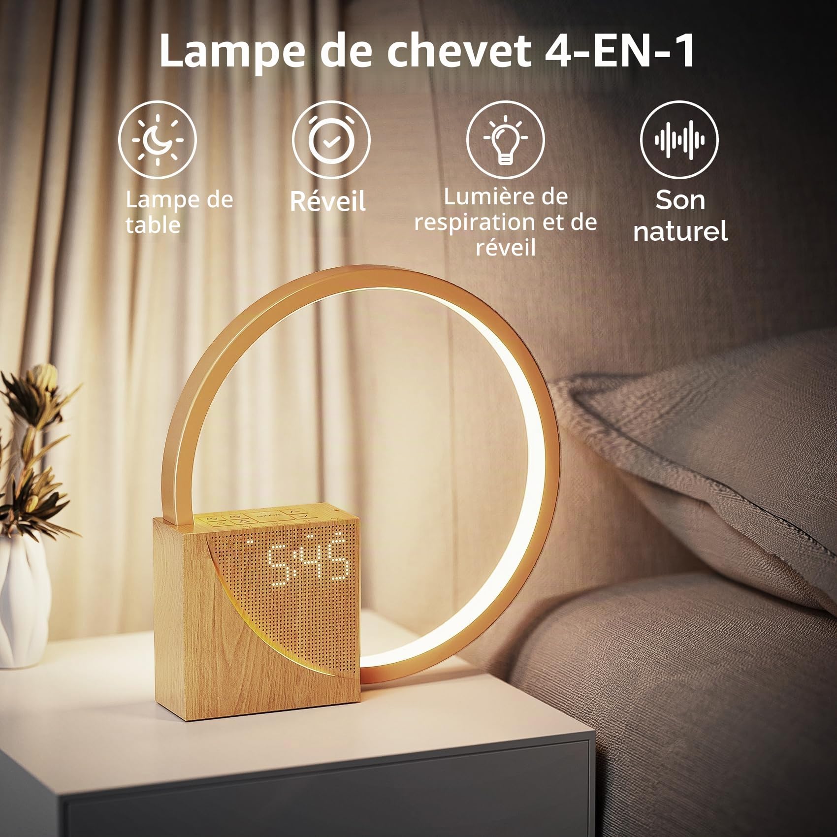 Lampe de Chevet LED avec Réveil, Ports USB, Dimmable 3 Modes, 10 Sons Naturels pour Chambre Bureau