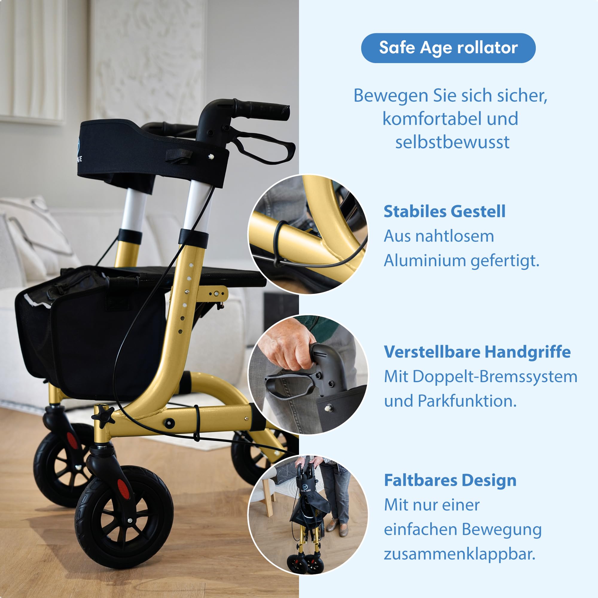 Safe Age Rollator faltbar und leicht mit Sitz - Gehhilfe für Senioren, Rollator für die Wohnung Indoor & Outdoor - mit Rückenlehne und Gehstockhalter