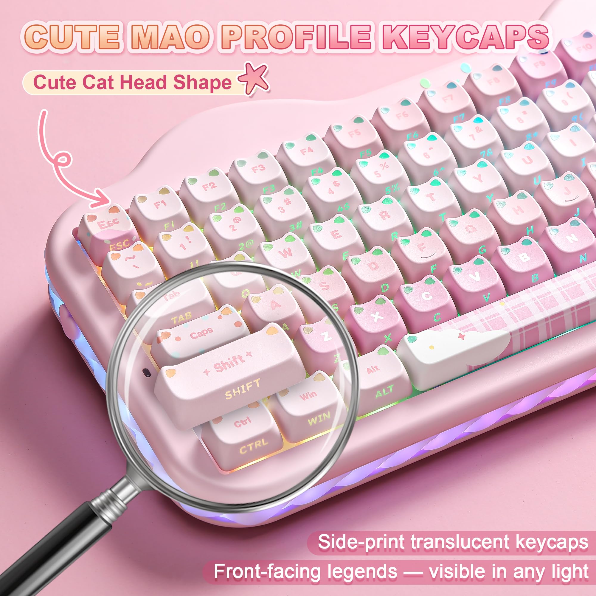 YUNZII C75 Teclado Mecánico Inalámbrico Diseño Pastel (Pink, Candy)