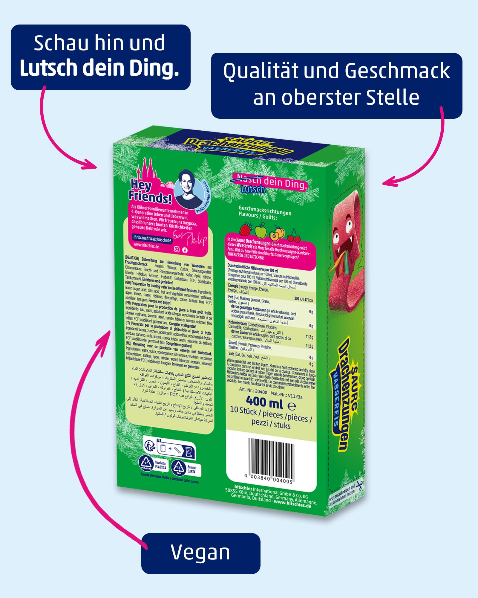 hitschies Saure Drachenzungen Wassereis - Fruchtig-saures Wassereis - Erdbeere, Apfel, Pfirsich & Kirsche - Vegan - 24 x 400ml