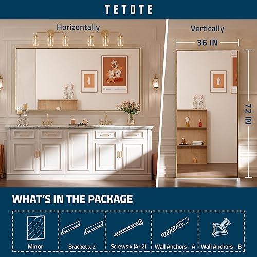 Miniatura 4 de TETOTE Espejo de pared grande rectangular con marco dorado cepillado de 72 x 36 pulgadas, espejo de pared grande rectangular de latón con marco de