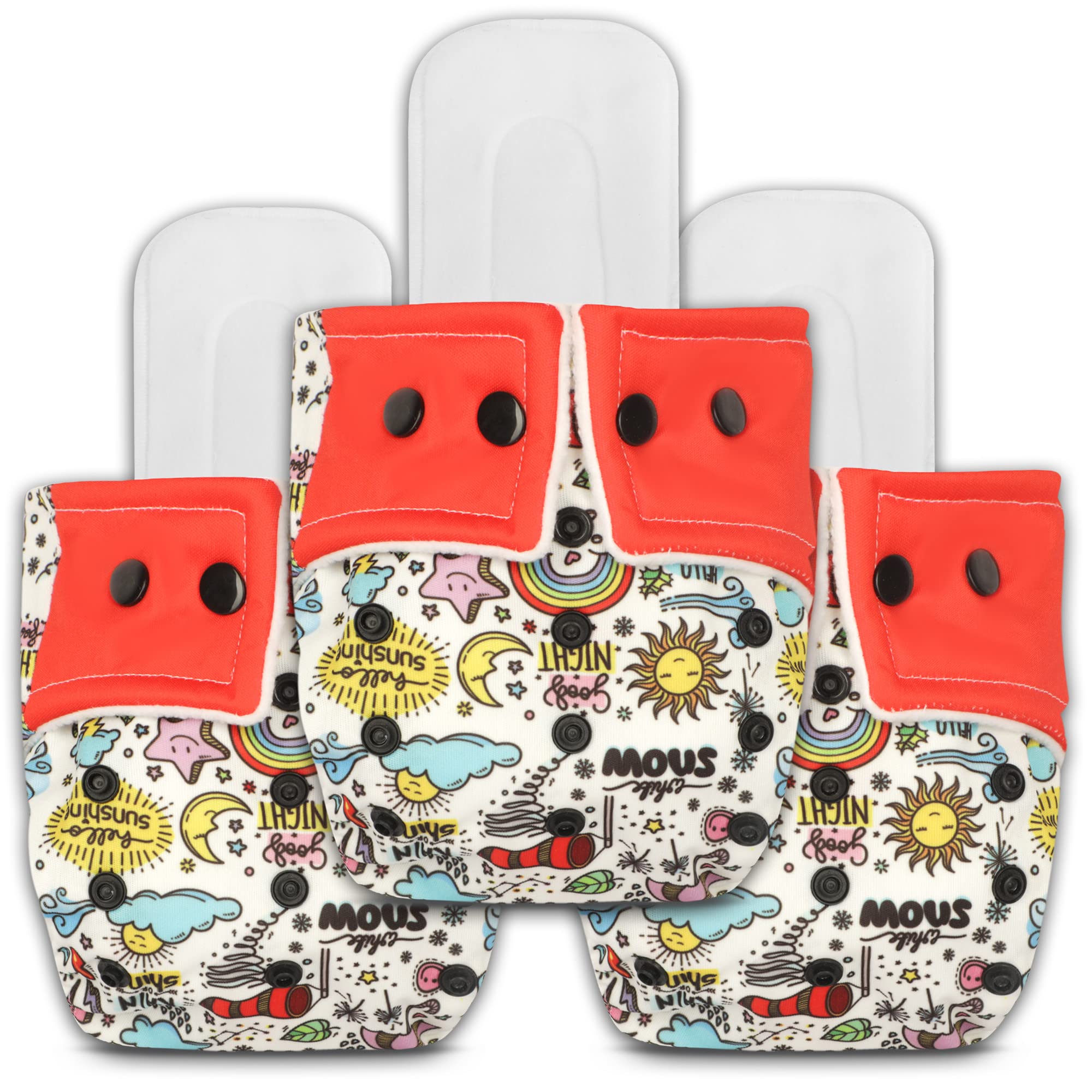 IMPROVUS 100% Cloth Diapers for Babies (0 - 3 Years), Reusable, Washable & Adjustable Nappies Snap Buttons and Wet-Free Insert Pads (Multicolor pack of 3 cloth diaper and 3 insert pads)