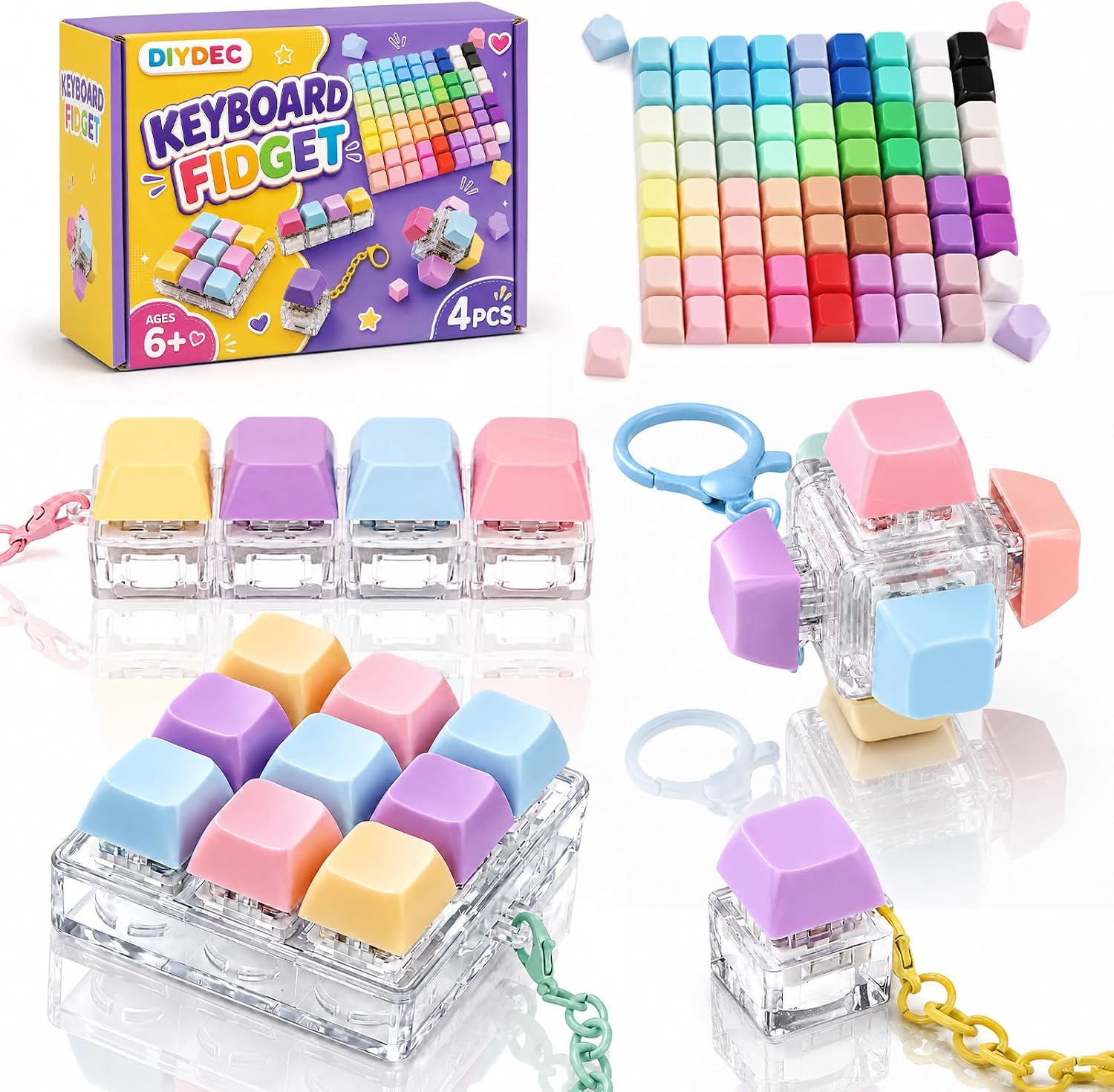 DIYDEC Keyboard Fidget Toy for Kids DIY Clicker Sensory Keychain Toys | 4 Switch Types 70 Keycaps&5 Cat Paws Stress Relief Toy for Adults Holiday Birthday Party Favor Craft Supplies