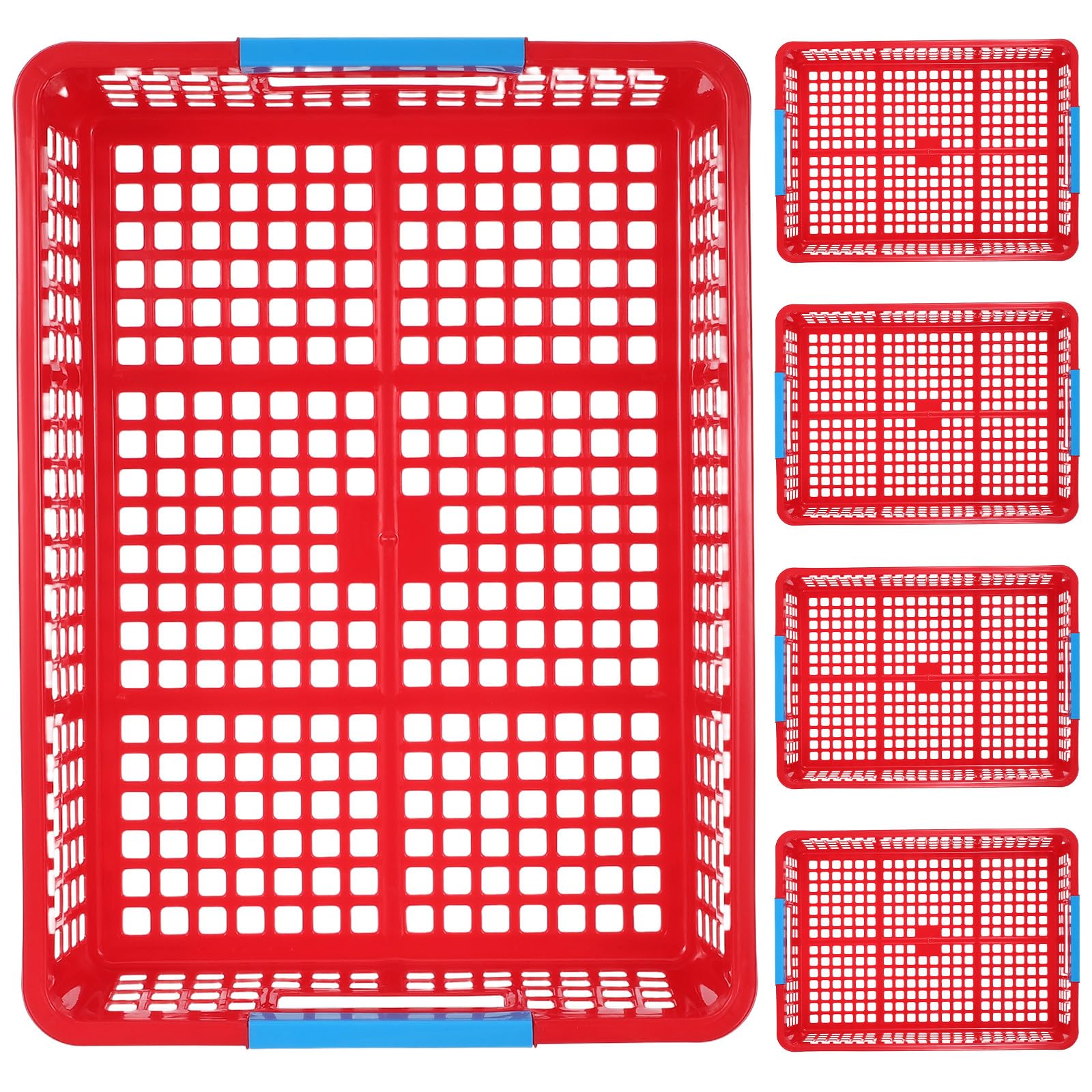 DOITOOL 5 cestas de plástico con asas - Contenedor de plástico rojo para escritorios, aulas y cocinas - Bandeja de malla apilable multifunción para frutas, snacks, juguetes y comida rápida