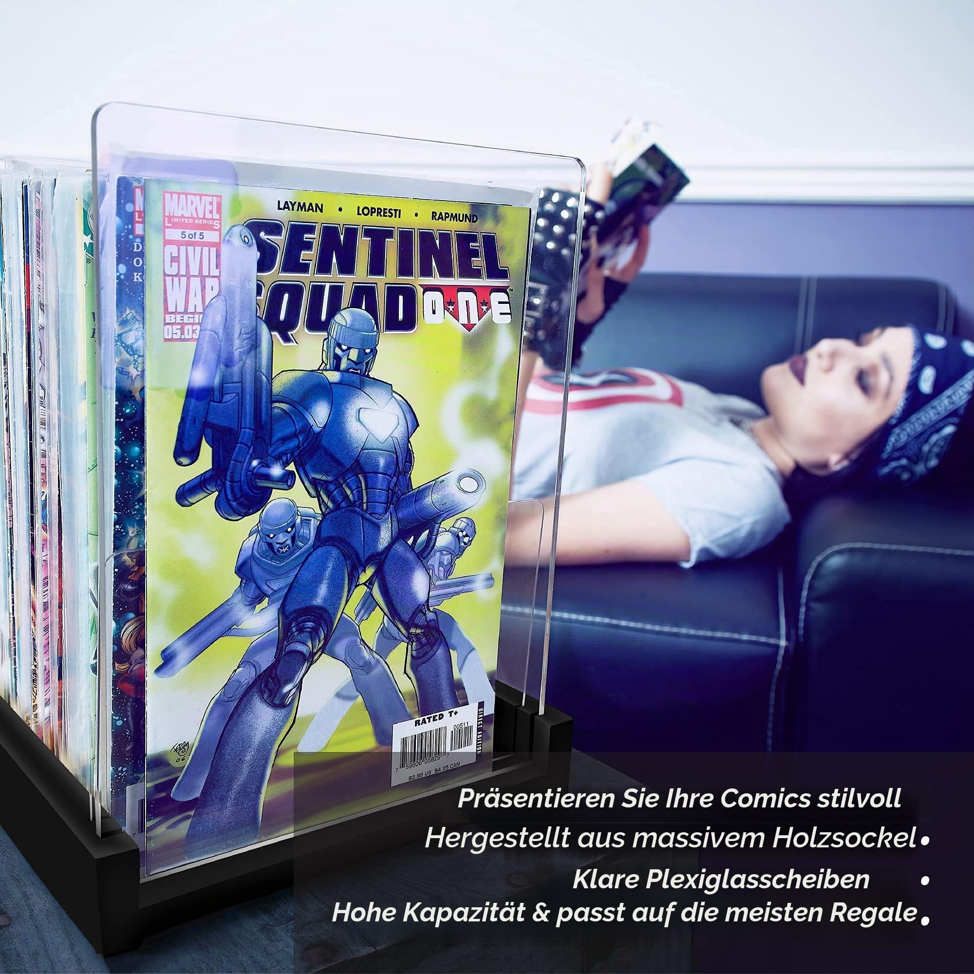 Comicbuch-Aufbewahrungshalter, Vitrine für Sammler – zum Patent angemeldete Comicbox aus Holz und Acryl, Behälter und Organizer, speichert bis zu 150 Ausgaben, 36,7 x 20,3 cm (14,5 x 8 Zoll) (schwarz)