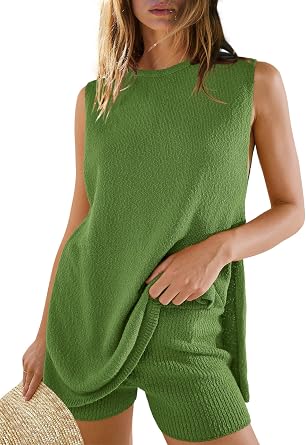 Panadila Womens Summer Lounge Sets 2 Piece Outfits Beach Vacation Outfits Tank Top and Shorts Sweater Matching Set