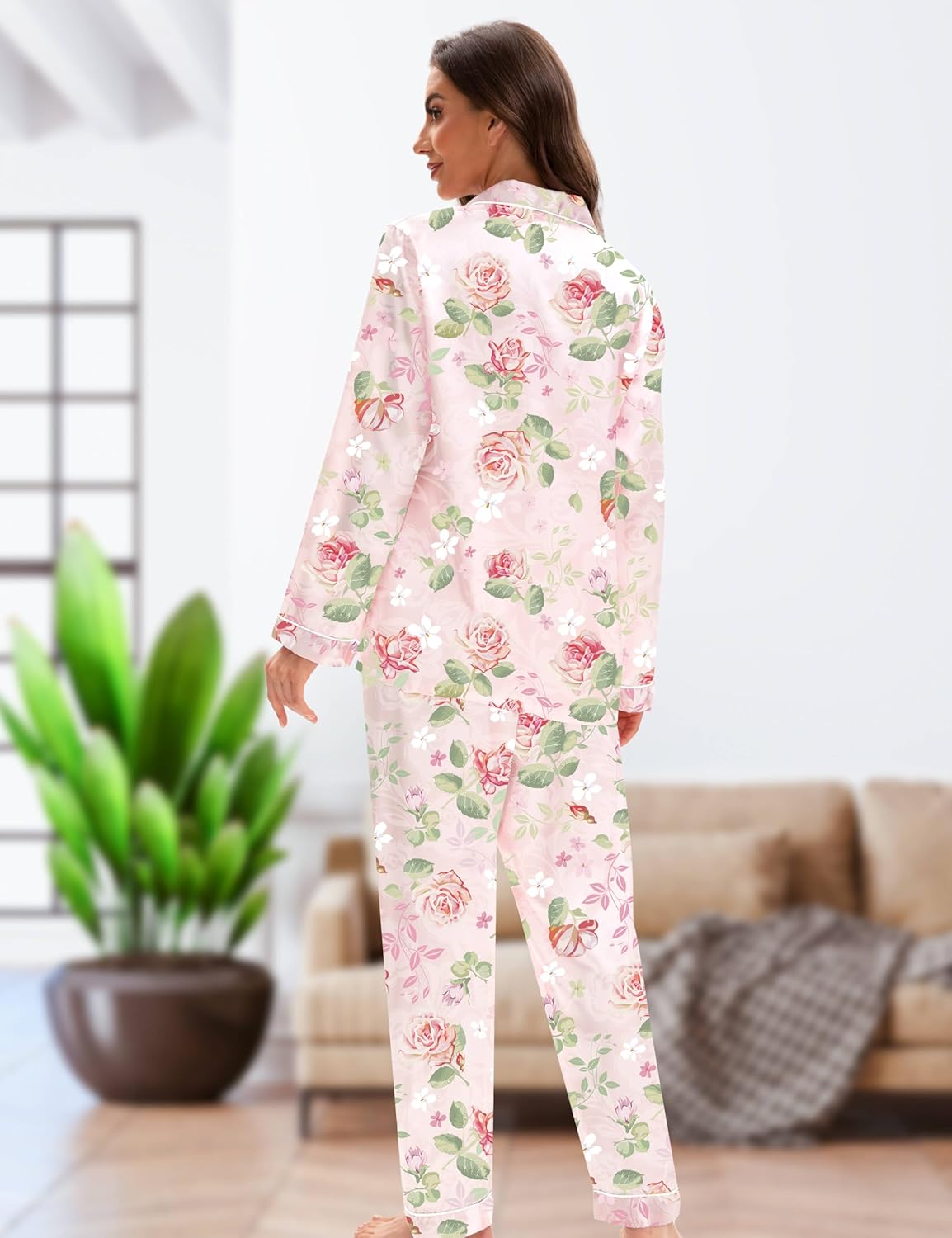 EPLAZA Silk Pajamas for Women Satin Pajamas Set 5 Pcs Long Sleeve Print Pattern Button Down Pjs Sleepwear Loungewear Set - Image 5