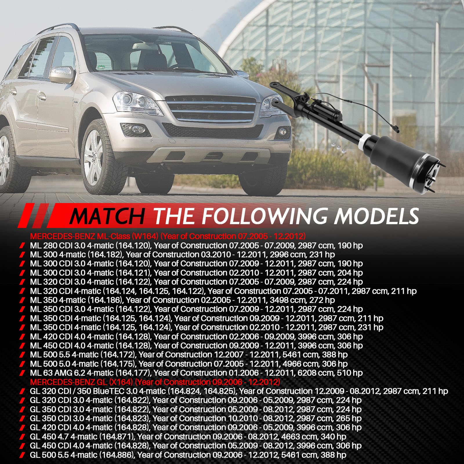 Amortiguador delantero de suspensión neumática con ADS Reemplazo para Clase ML-W164 2005-2012 ML320 ML350 ML450 GL X164 2006-2012 GL320 GL350 GL450 Accesorios de coche Parte # 1643205813