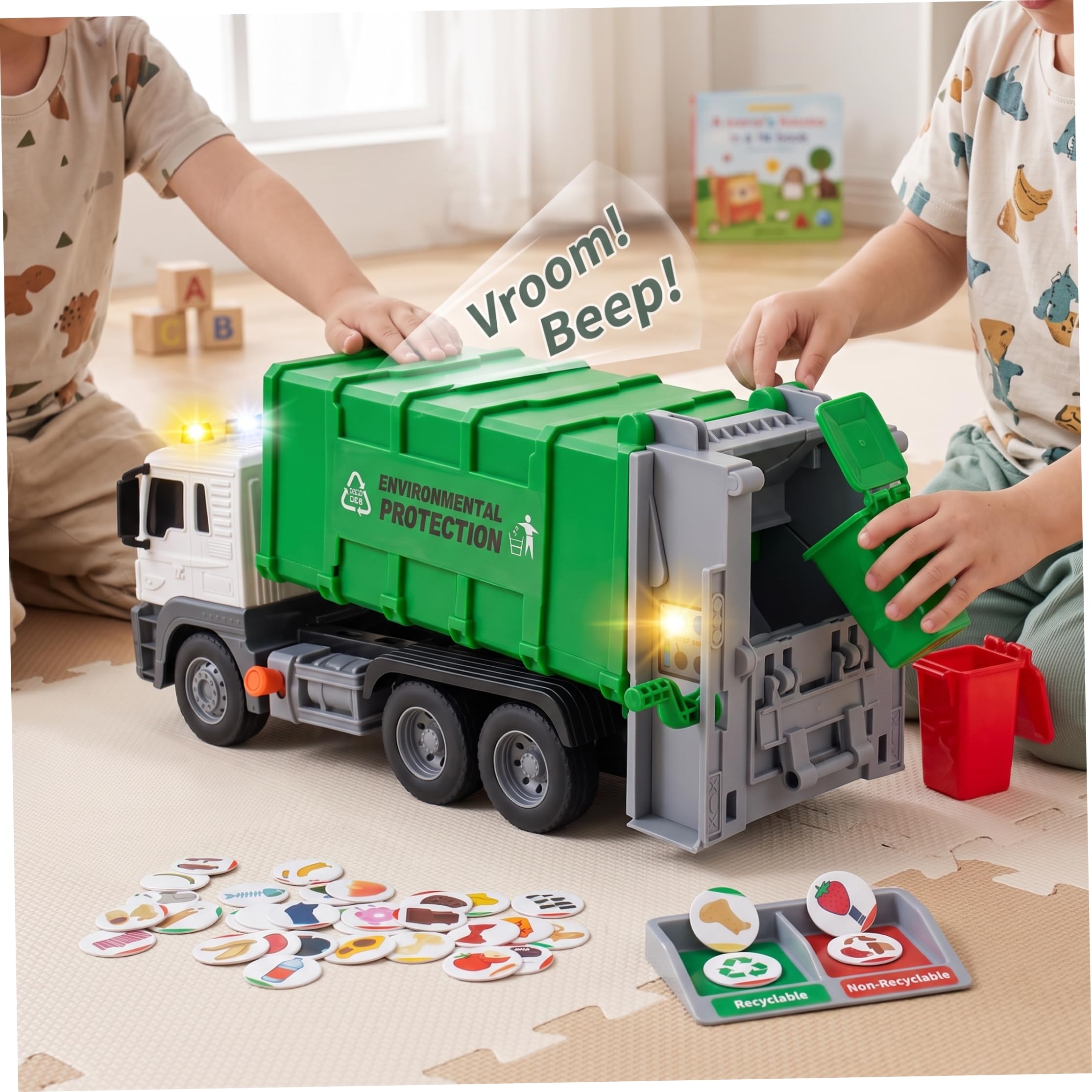 Juguete de camión de Basura con Elevador neumático, Verde, 1 Juego, diversión con Elevador Resistente y accionado por Aire para niños Mayores de 3 años para Aprender a Jugar