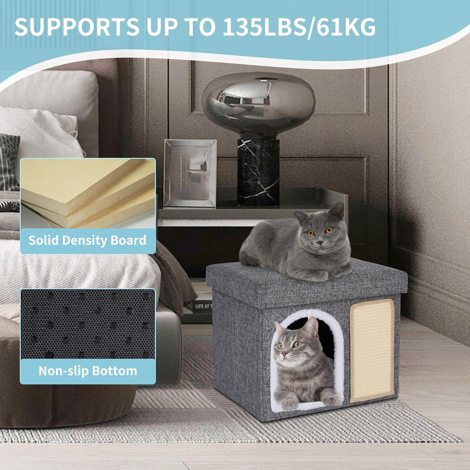 review Cat Bed for Indoor Cats, Enclosed Cat Cave with Cozy Hideaway, Fluffy Hanging Ball, Cat Scratching Pad, Foldable Cat Ottoman House Hold Up to 135LBS, Cat Cube Condo for Kitten, 15