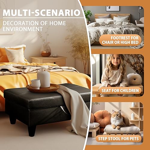 Miniatura 9 de Banco otomano rectangular de almacenamiento, reposapiés de piel sintética con tapa con bisagras para sala de estar, dormitorio, entrada, negro, 28.5