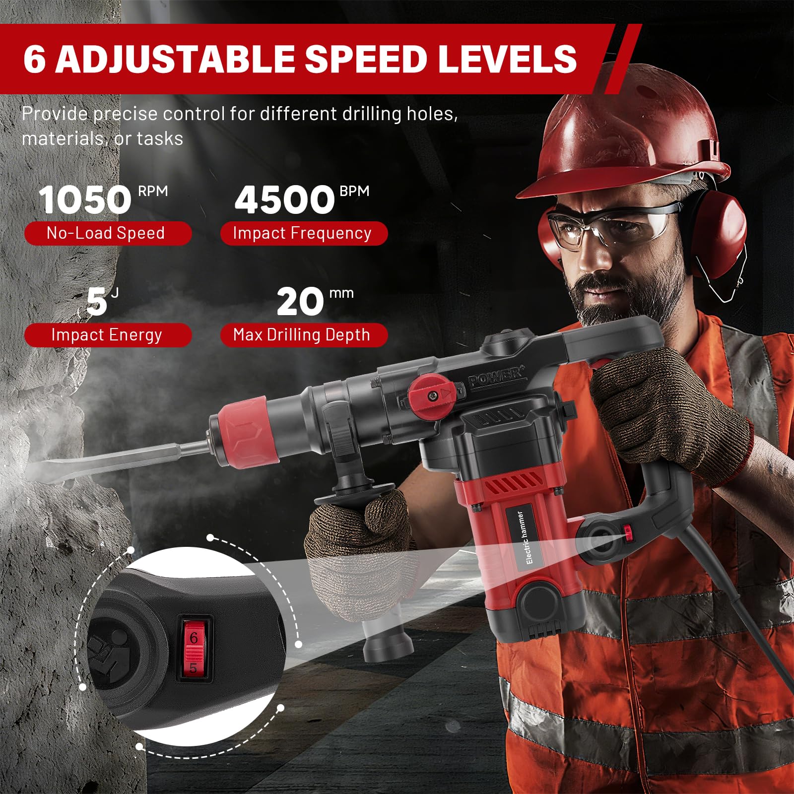 1200W martillo demoledor,energía de impacto de 5J,6 velocidades ajustables,velocidad sin carga 1050 RPM,con 4 piezas SDS Plus,profundidad de perforación de hasta 20 mm Mango antivibración