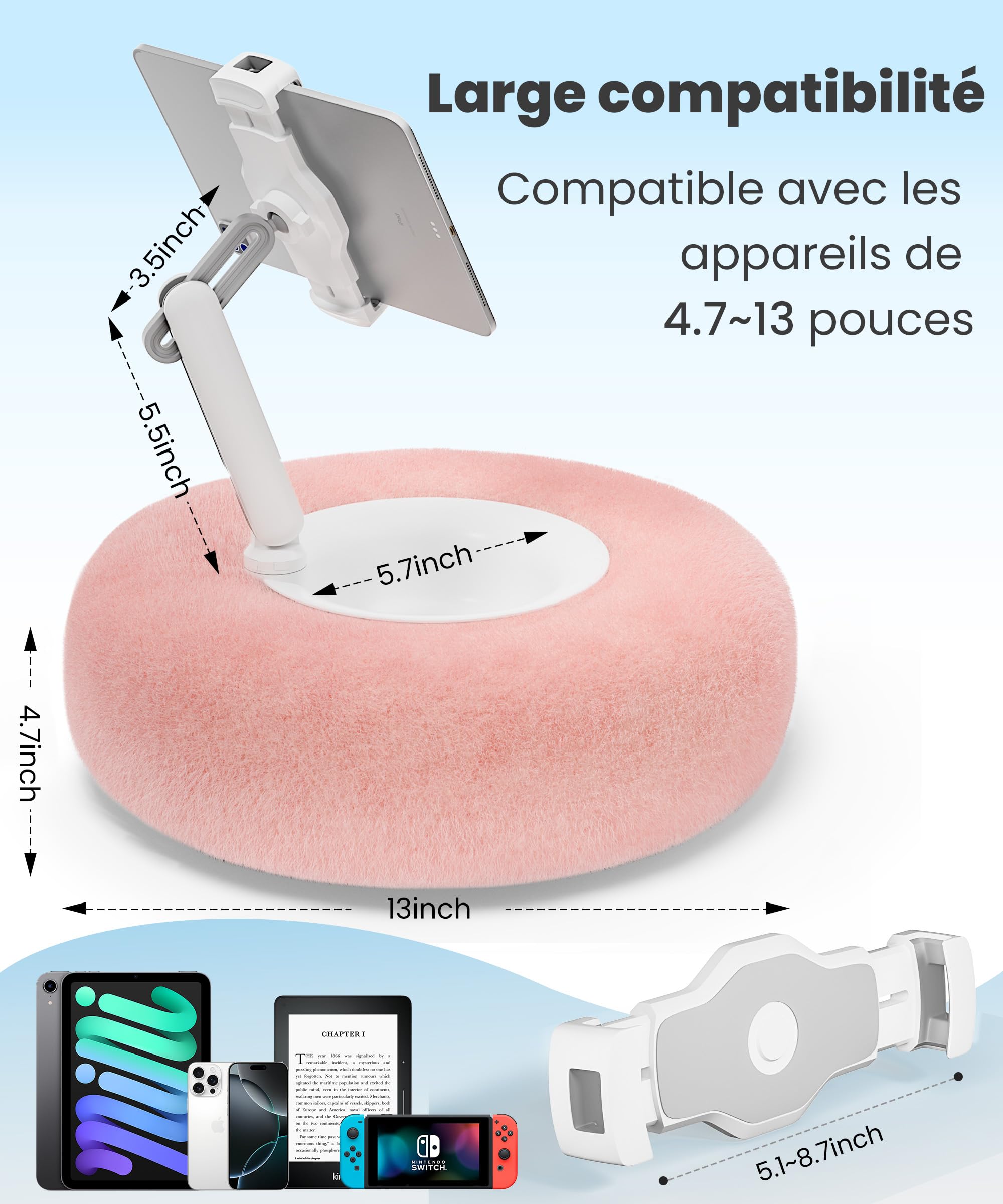VOLTIFYMAX Coussin pour Tablette avec Tourne-Page Kindle, Support iPad 360° Réglable et Bol à Snacks, Compatible Kindle 4.7"-13"/Paperwhite/iPad/iPhone/Samsung, Rose