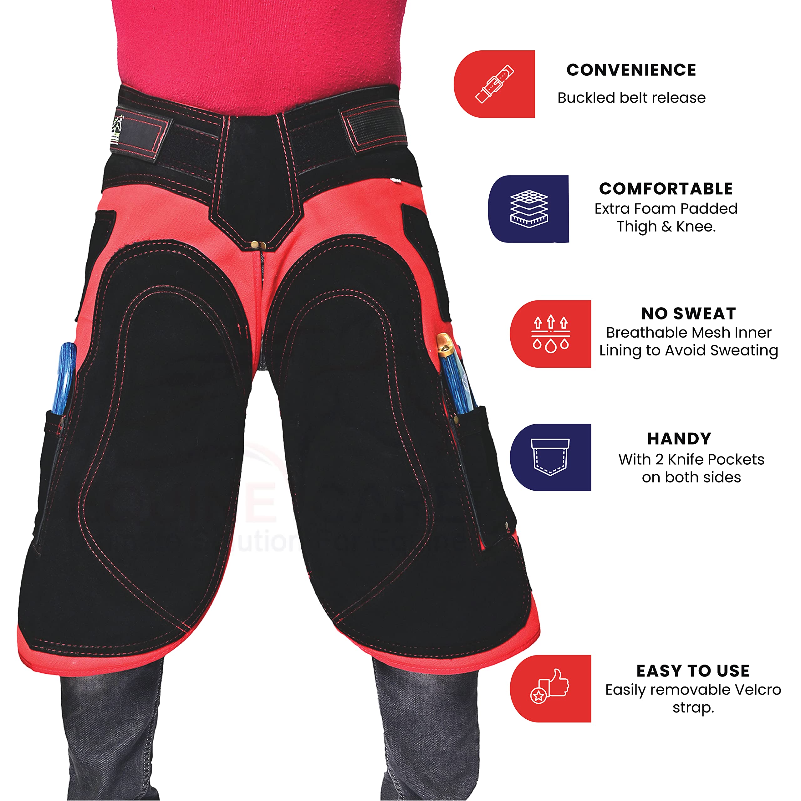 Equine Care Delantal resistente de 68,5 cm de longitud, piel de vacuno y lona, parte trasera de malla de aire, soporte trasero, 4 bolsillos para cuchillos de pezuña, 2 imanes de uñas, equipo de