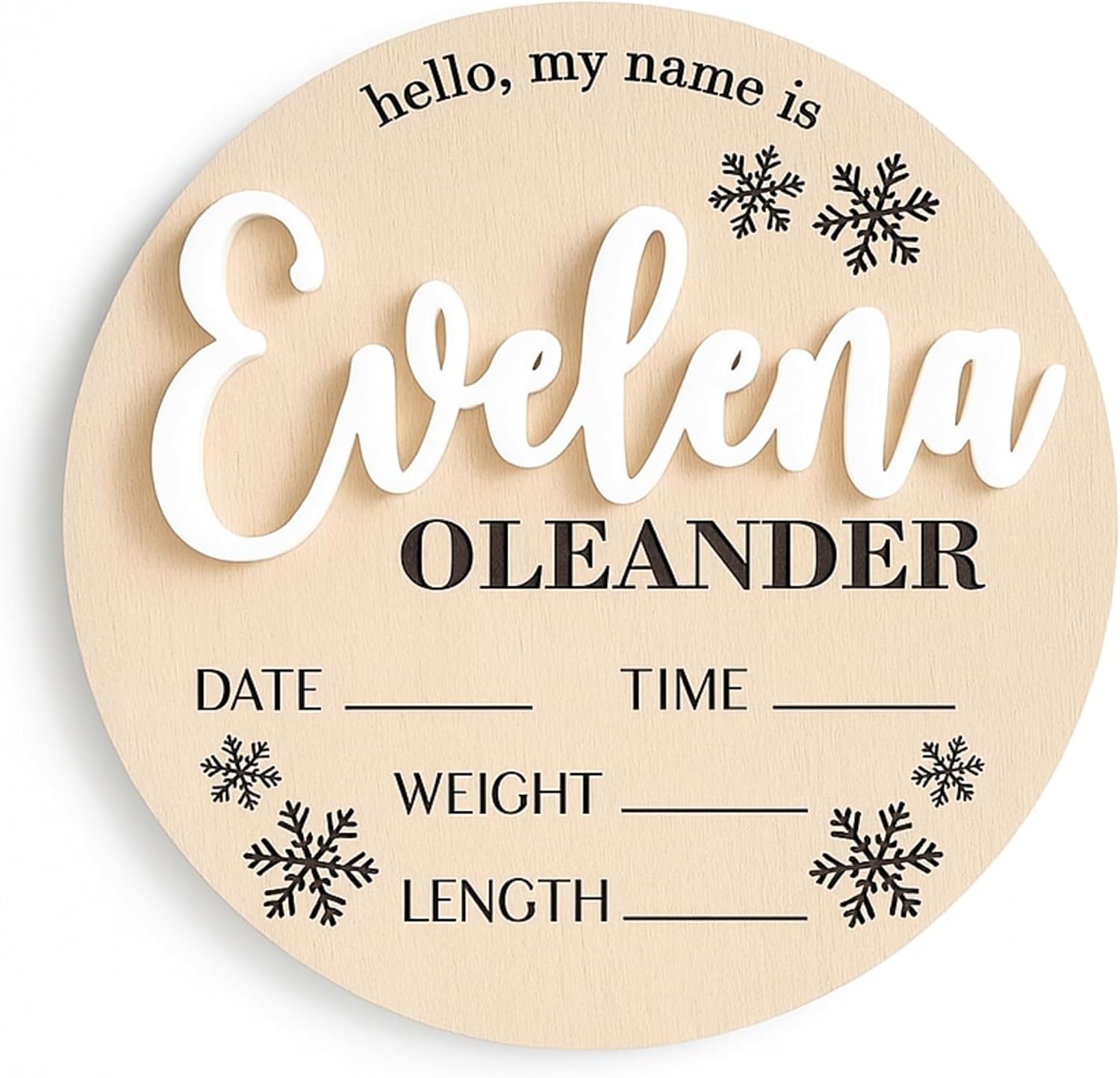 Personalized Snowflake Baby Announcement Sign, Custom Name & Birth Stats Plaque, Winter Newborn Hospital Photo Prop