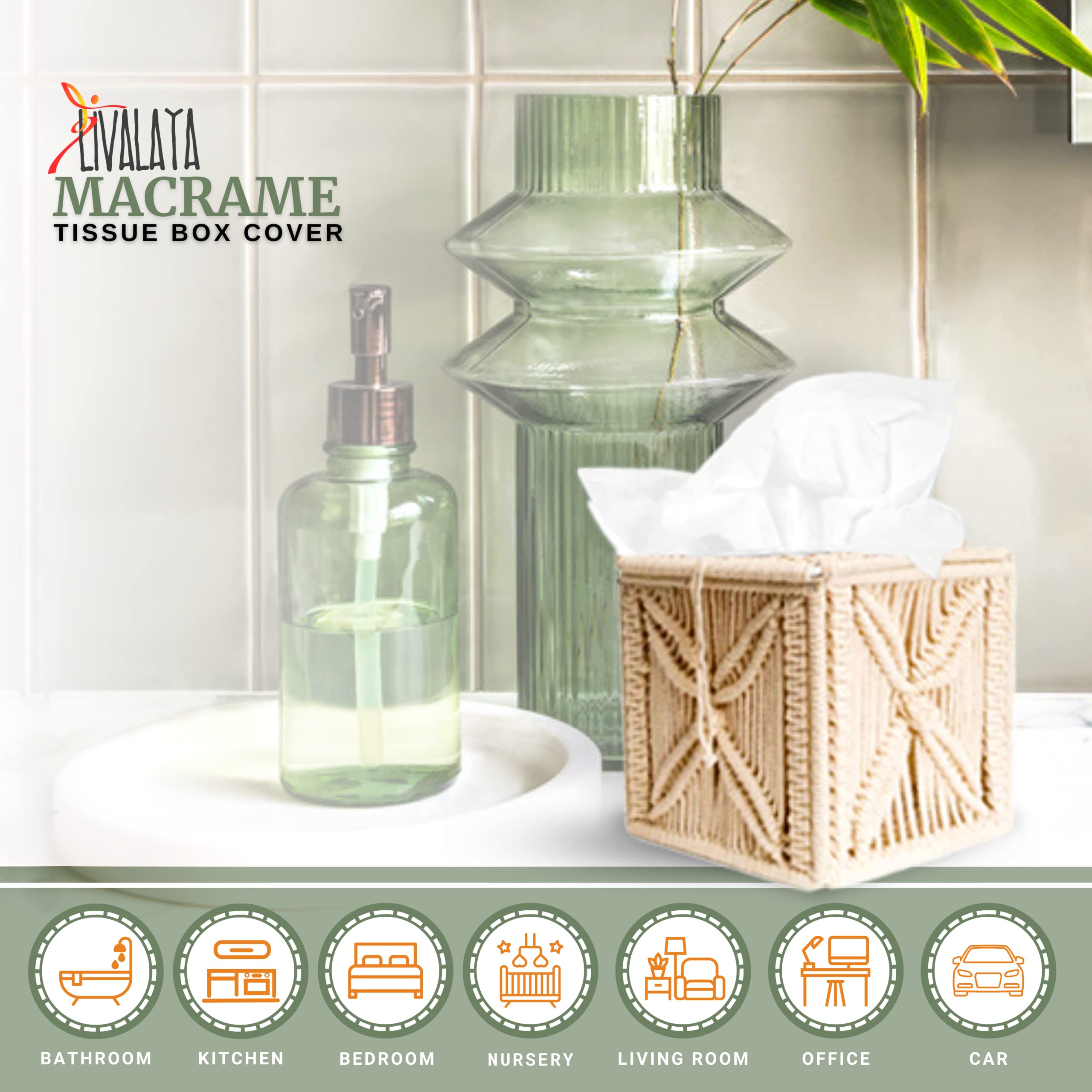 Livalaya Macrame Tissue Box Cover Square Cute Boho Tissue Box Holder, Macrame Napkin Tissues Organizer Toilet Paper holder or Tissues Cube box cover for Bathroom vanity, Bedroom Night Stand Home Décor