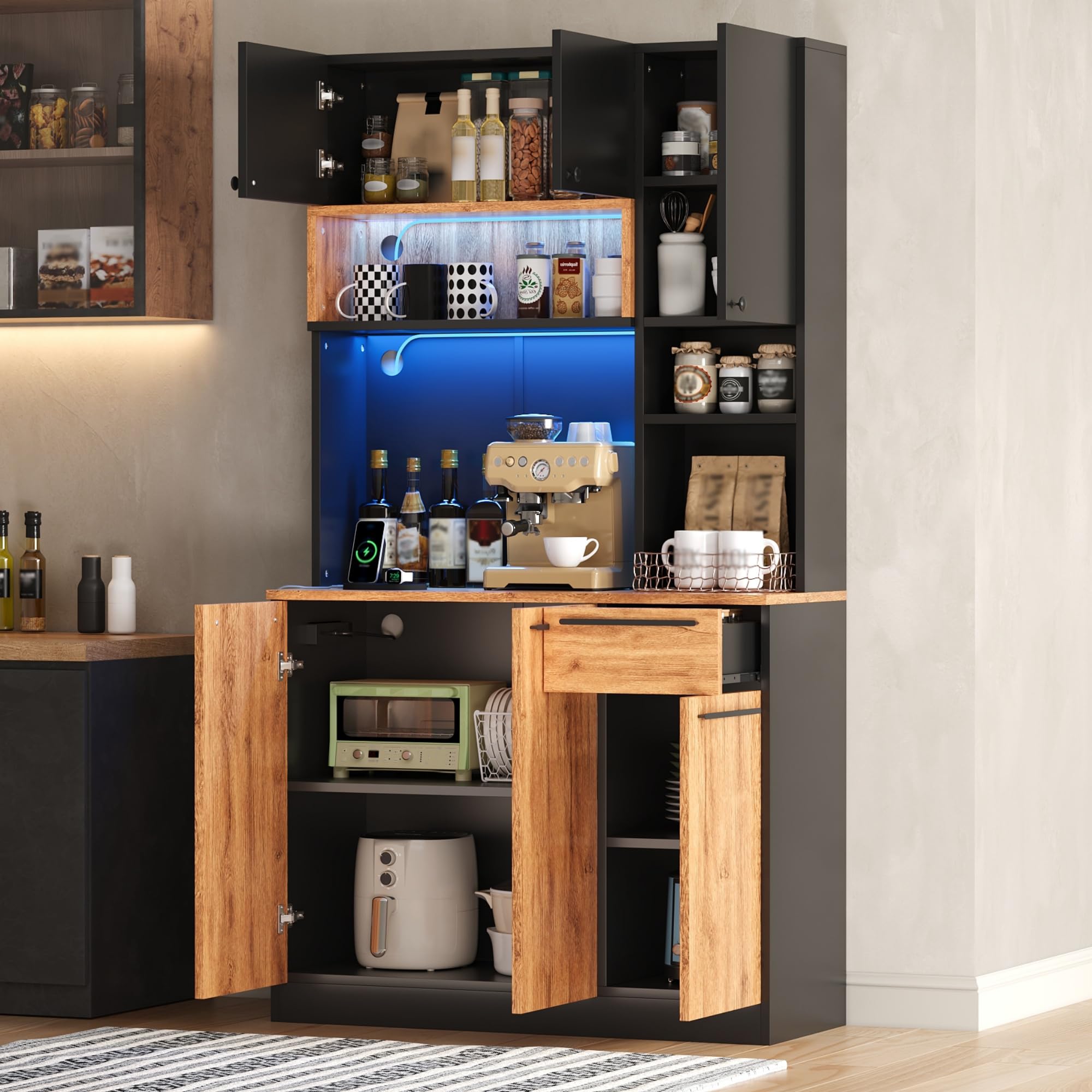 Armadio da cucina, 100 x 40 x 180 cm, con 6 ante e 1 cassetto, moderno credenza per cucina, soggiorno e sala da pranzo, naturale