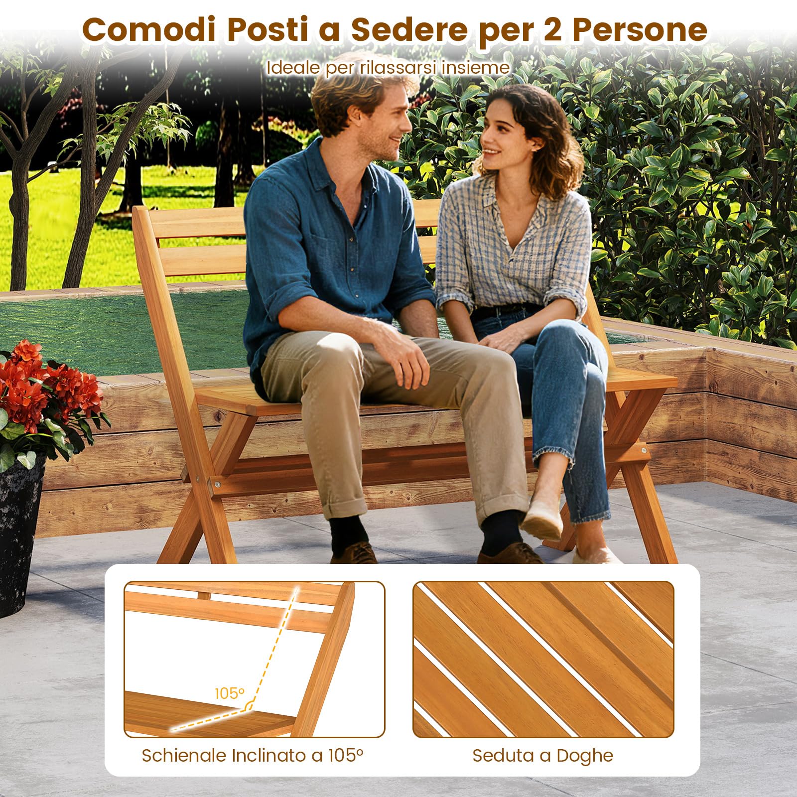 COSTWAY Panchina Pieghevole da Esterno, Panca da Giardino in Legno di Acacia per 2 Persone con Capacità di 360 kg, Panca da Esterno per Veranda, Balcone, Cortile e Parco