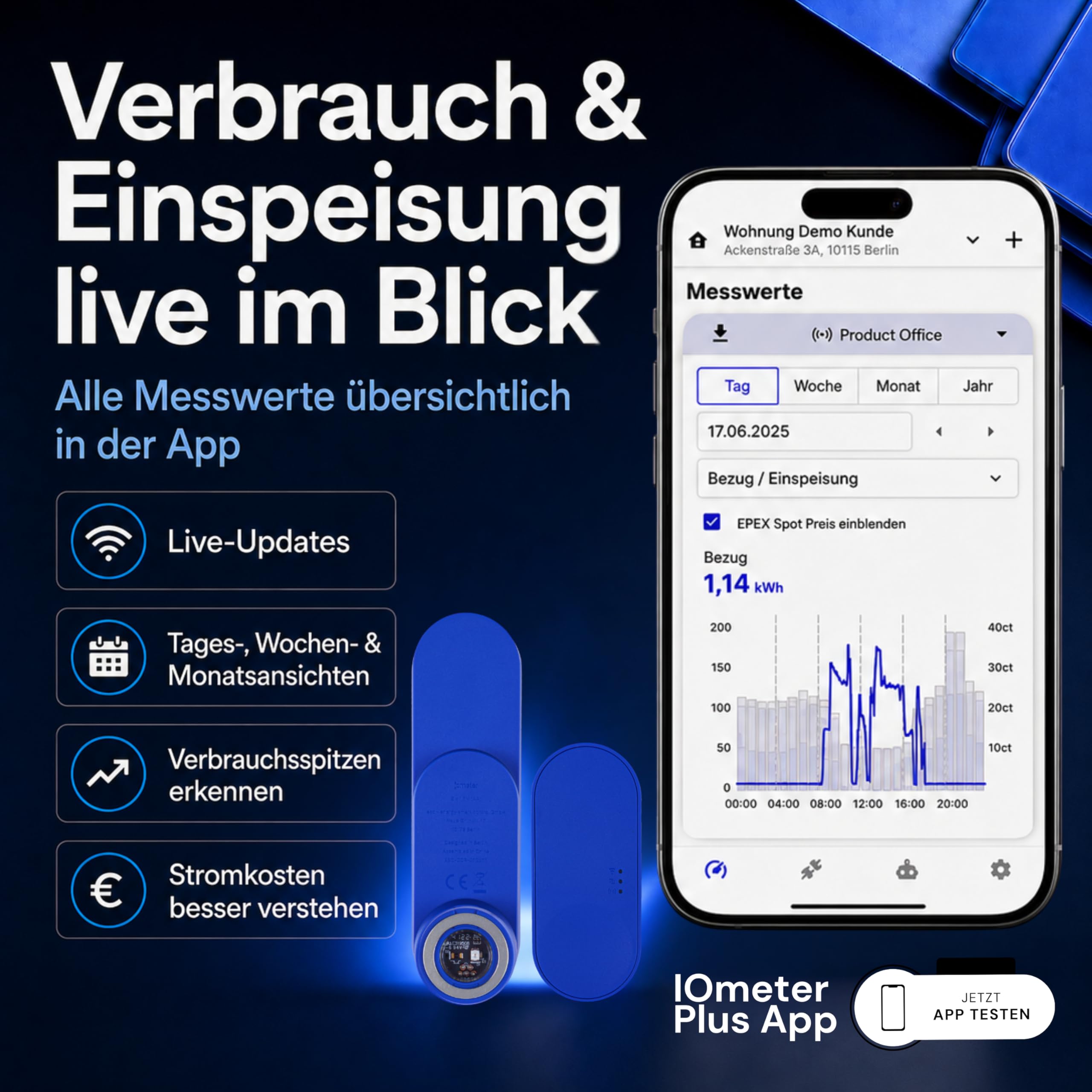 Smart Meter Kit - IR-Lesekopf mit App & WLAN Bridge - Stromzähler auslesen & Stromverbrauch messen - Verbrauch, Einspeisung, Home Assistant, Homey & Batteriespeicher - Batterie & USB-C