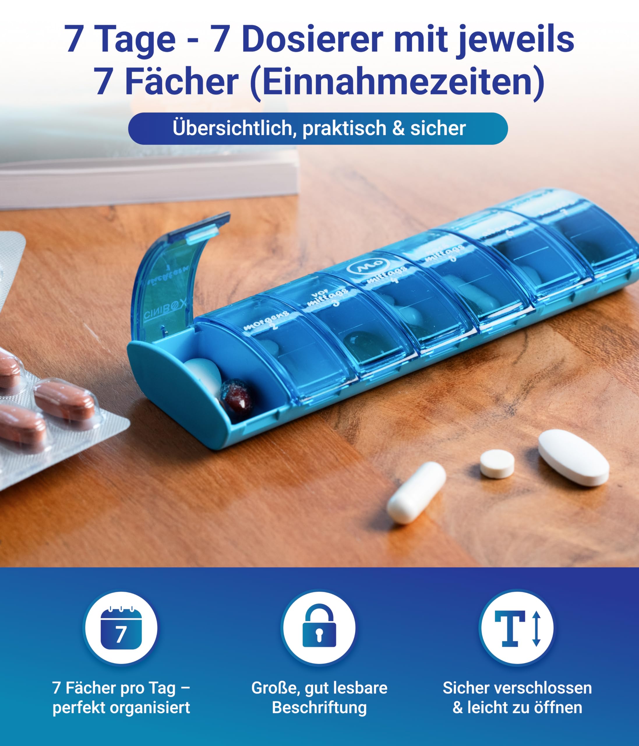 CINIBOX VIDA 7 – Tablettenbox 7 Tage – Helltürkis – Pillendose & Medikamentenbox mit jeweils 7 Fächern – leicht zu öffnen & sicher verschlossen – BPA-frei & lebensmittelecht – Made in DE