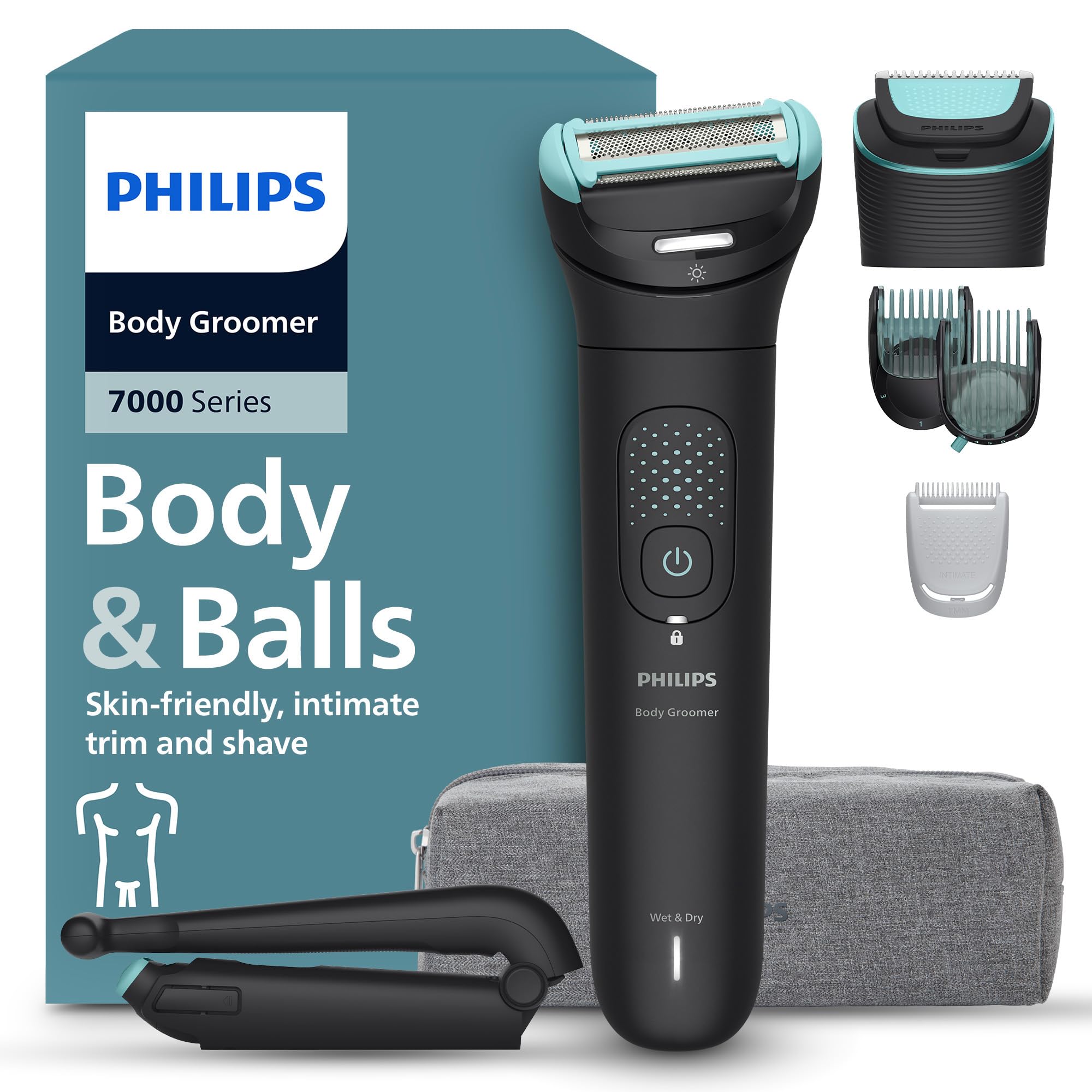 Philips Bodygroom 7000 Series Men's Trimmer 2D Flexible Head Triple Protection Interchangeable Heads Trim and Intimate Shave 100% Waterproof 120 Minutes Run Time BG7480/15