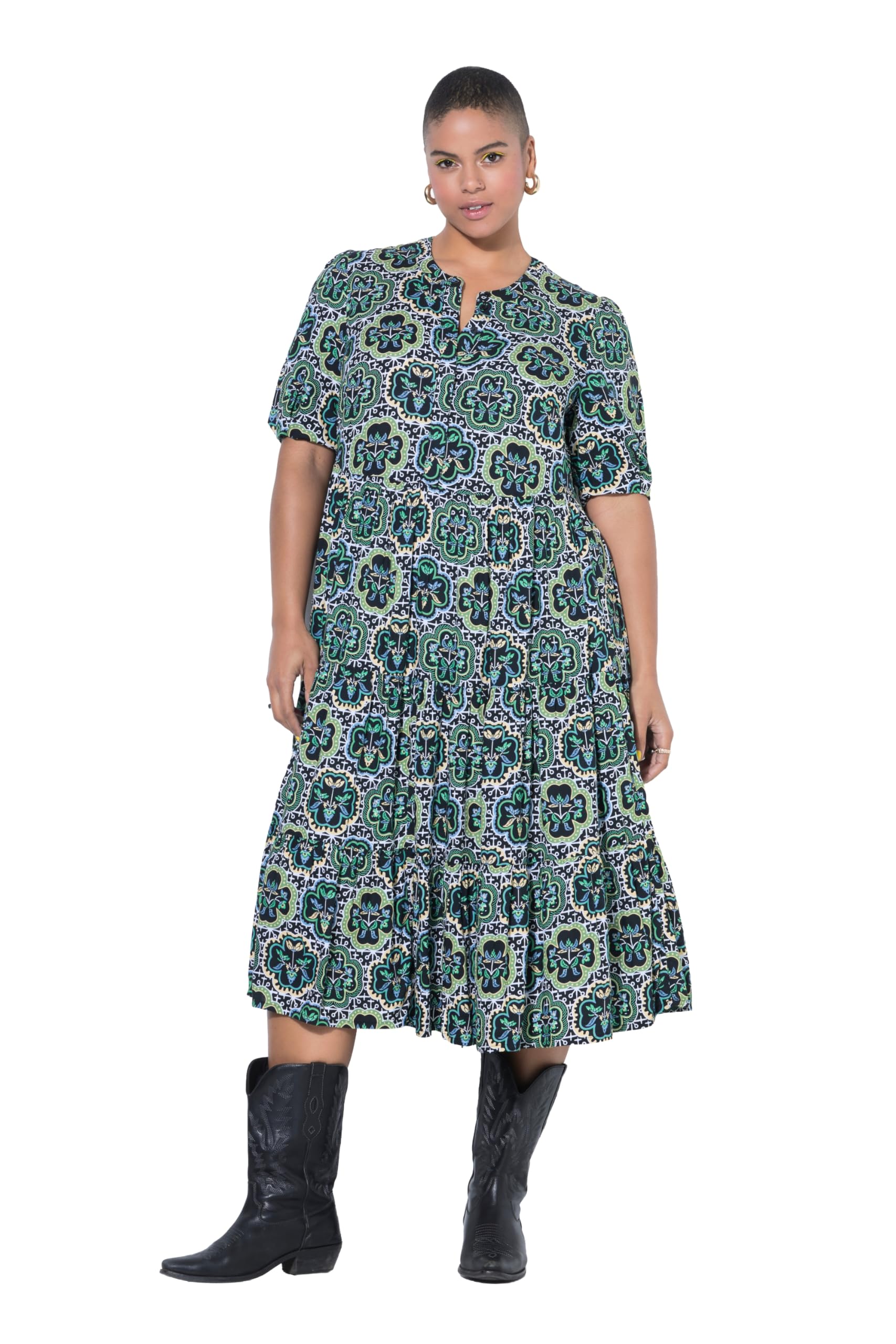 Studio Untold Damen große Größen Übergrößen Plus Size Maxikleid, A-Linie, Kachel-Print, Volants, Halbarm 849816