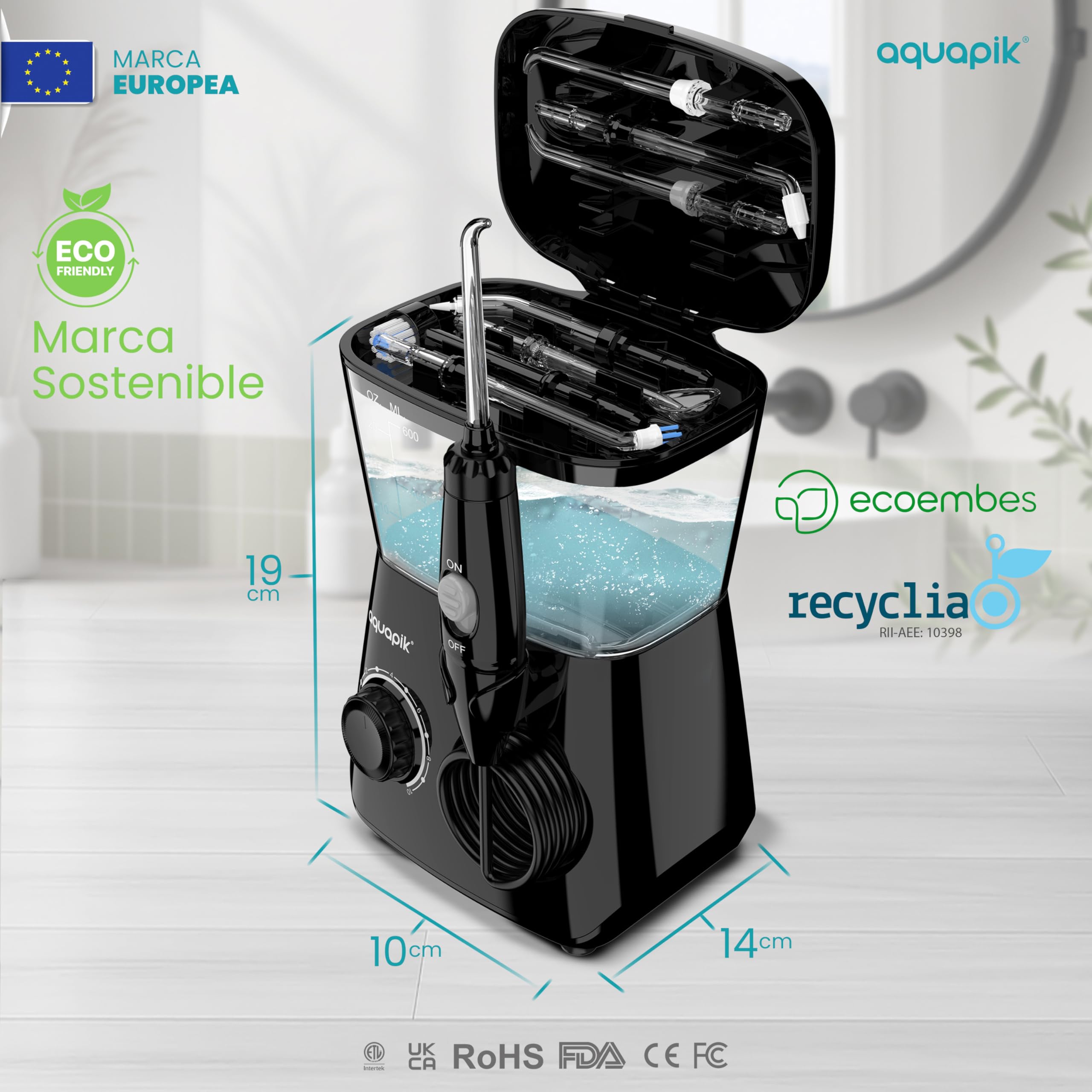 Aquapik® ADVANCED irygator do jamy ustnej, idealny do ortodoncji, implantów i wrażliwych dziąseł, zestaw wybielający + 8 ust, 10 poziomów ciśnienia, zalecany przez dentystów (czarny)