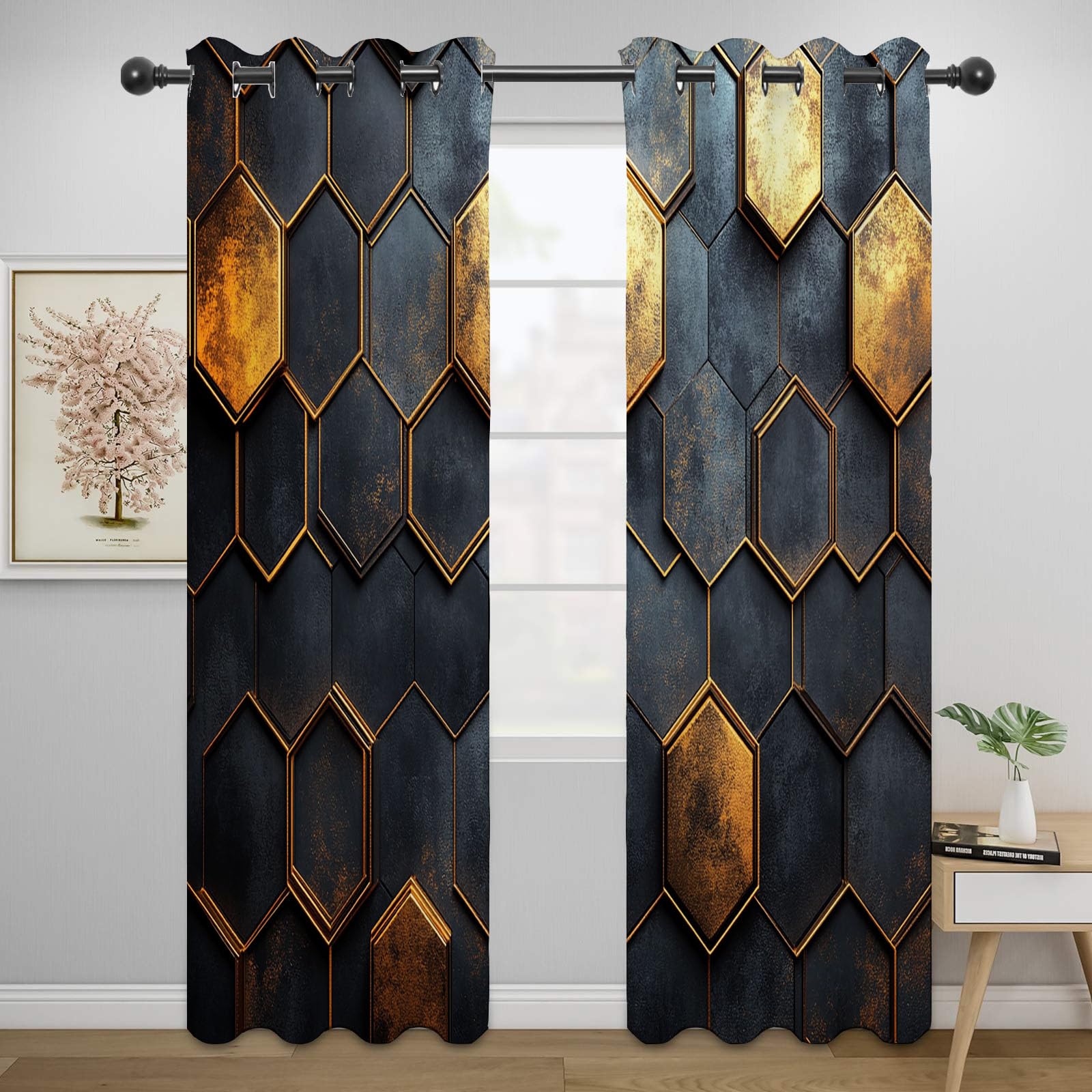 Verdunkelungsvorhänge Abstrakter, Modernes geometrisches Goldwabenmuster Moderne Kunstmalerei, Vorhang für Wohnzimmer, Schlafzimmer-H215 x B100 cm (2er Pack)