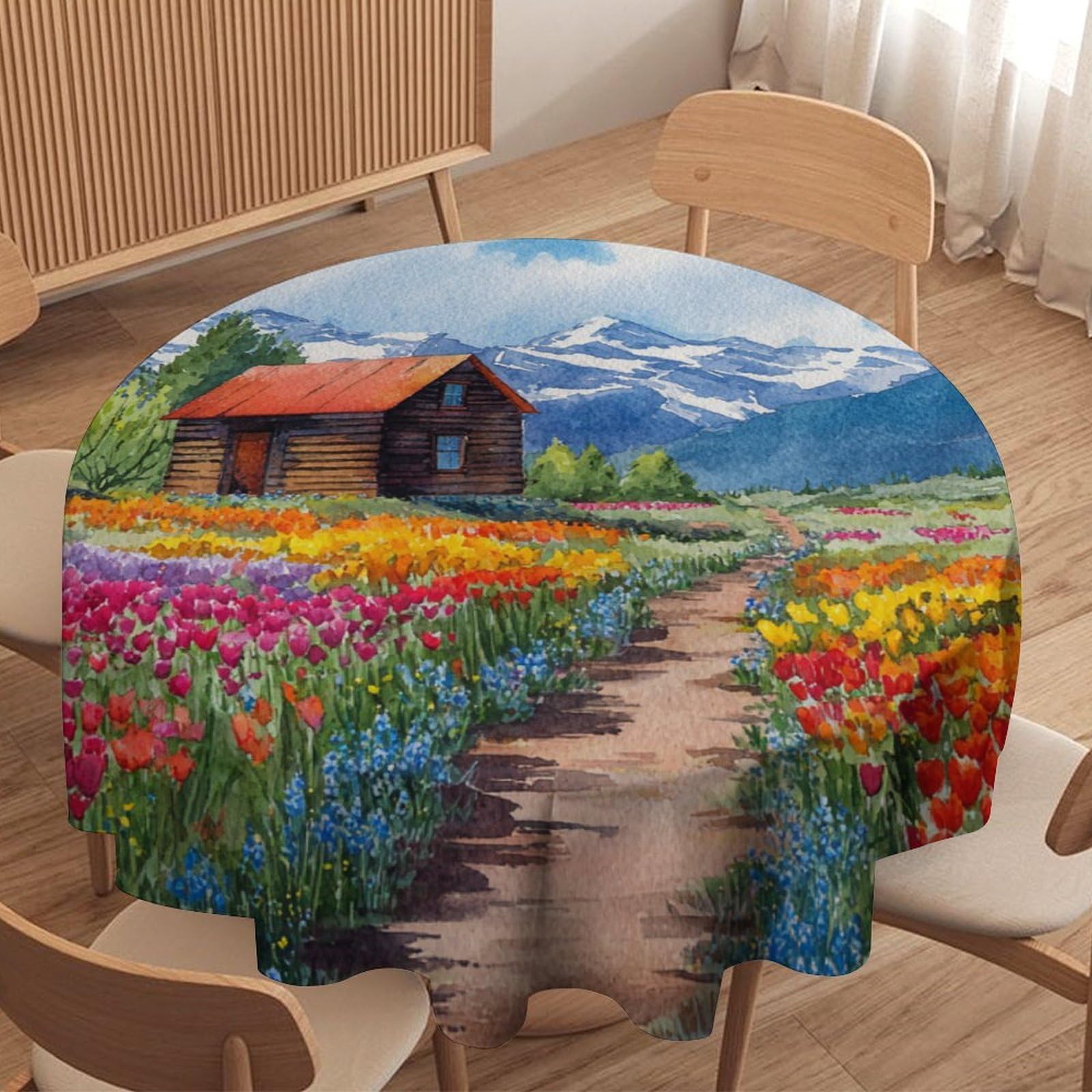 LUYYSKY Modern Fantasy Flower Field Waterproof Round Tablecloth Retro Watercolor Mountain Farm Barn Log Cabin Tulip Floral Washable Table Cover for Kitchen-127 Wx127 L cm