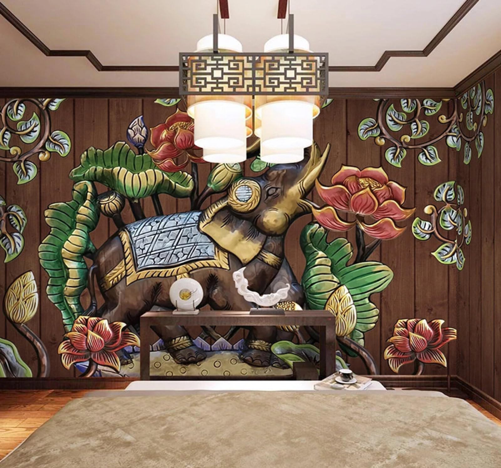 Vintage Creative Relief Lotus Elephant 3D Wallpaper Easy Install Feature Office Living Room Sofa Bedroom TV Background Wall Decoration-350cm×256cm