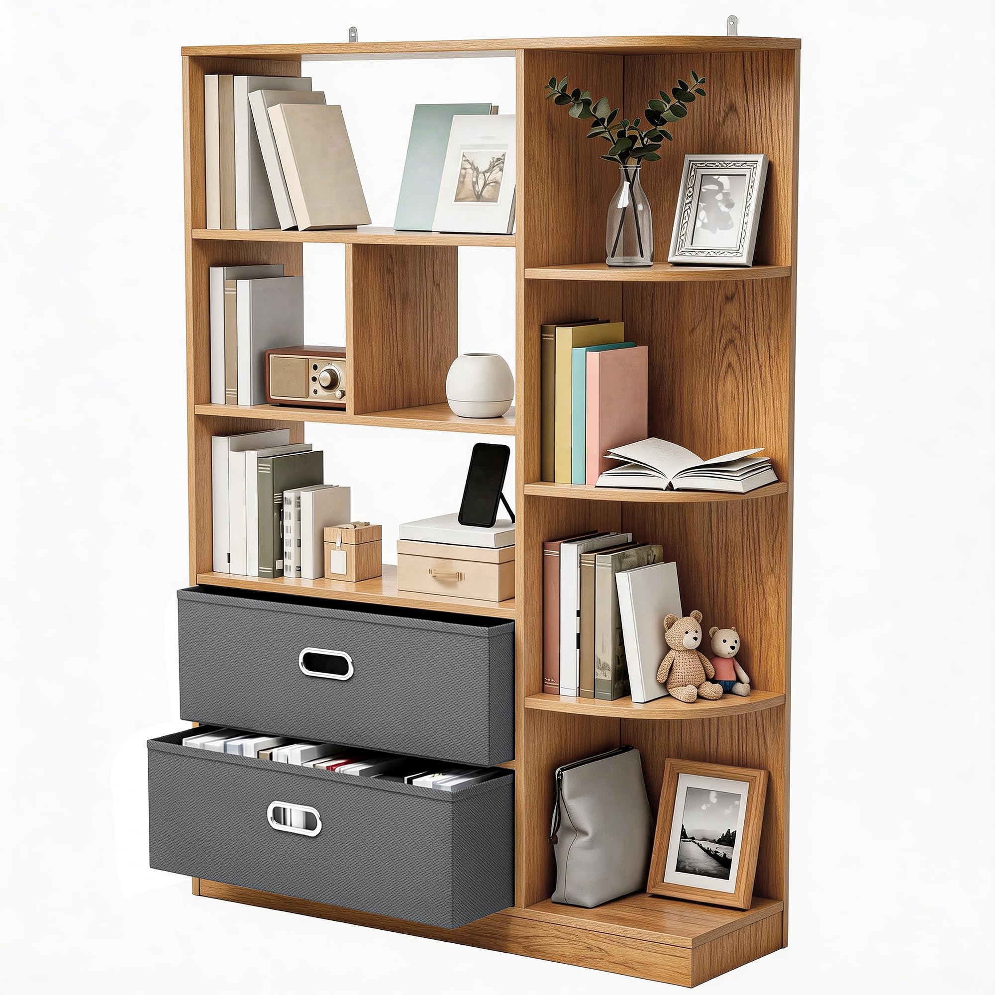 YITAHOME Librería Independiente con 8 estantes Abiertos y 2 cajones (tapizada), para salón, Dormitorio u Oficina, Acabado Roble, 80 cm (Ancho) × 24 cm (Profundidad) × 115 cm (Alto)