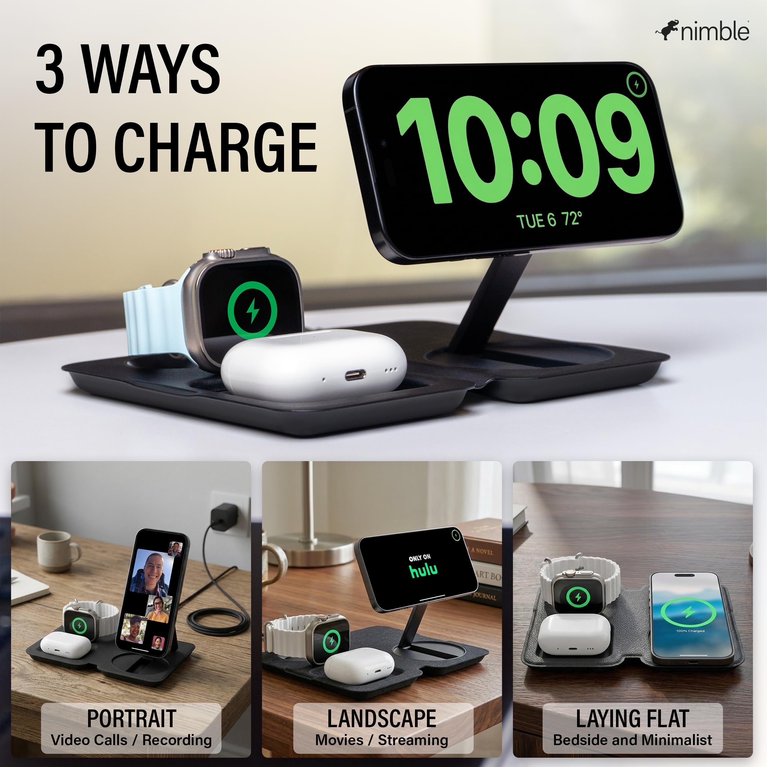 Nimble Stazione di ricarica wireless pieghevole 3 in 1 per iPhone e AirPods, supporto di ricarica Qi2 da 15 W compatibile con MagSafe, dock di ricarica wireless per iPhone 17/16/15/14/13/12