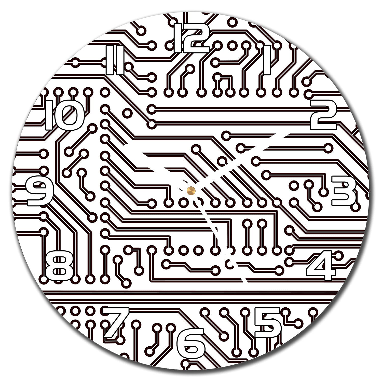 Horloge en verre de sécurité 30 cm avec aiguilles blanches et motif circuit électronique