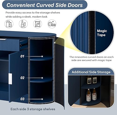 Miniatura 33 de Aparador de armario de almacenamiento curvado con 2 puertas y 2 cajones, mesa consola de entrada de madera de 55 pulgadas con puerta lateral curvada