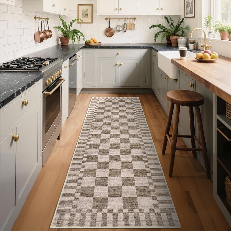 GarveeHome 2x6 Kitchen Runner Rug Non Slip Washable Runner Rug for Hallway | Brown Checkered Rug Soft Low-Pile Geometric Tan Print Modern Checkerboard Rugs for Entryway Kitchen Dining Room