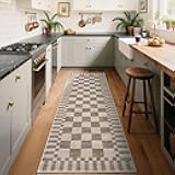 GarveeHome 2.5×8 Kitchen Runner Rug Non Slip Brown Checkered Rug,Washable Runner Rug for Hallway Soft Low-Pile Geometric Tan Brown Print Checkerboard Rugs for Entryway Kitchen Dining Room