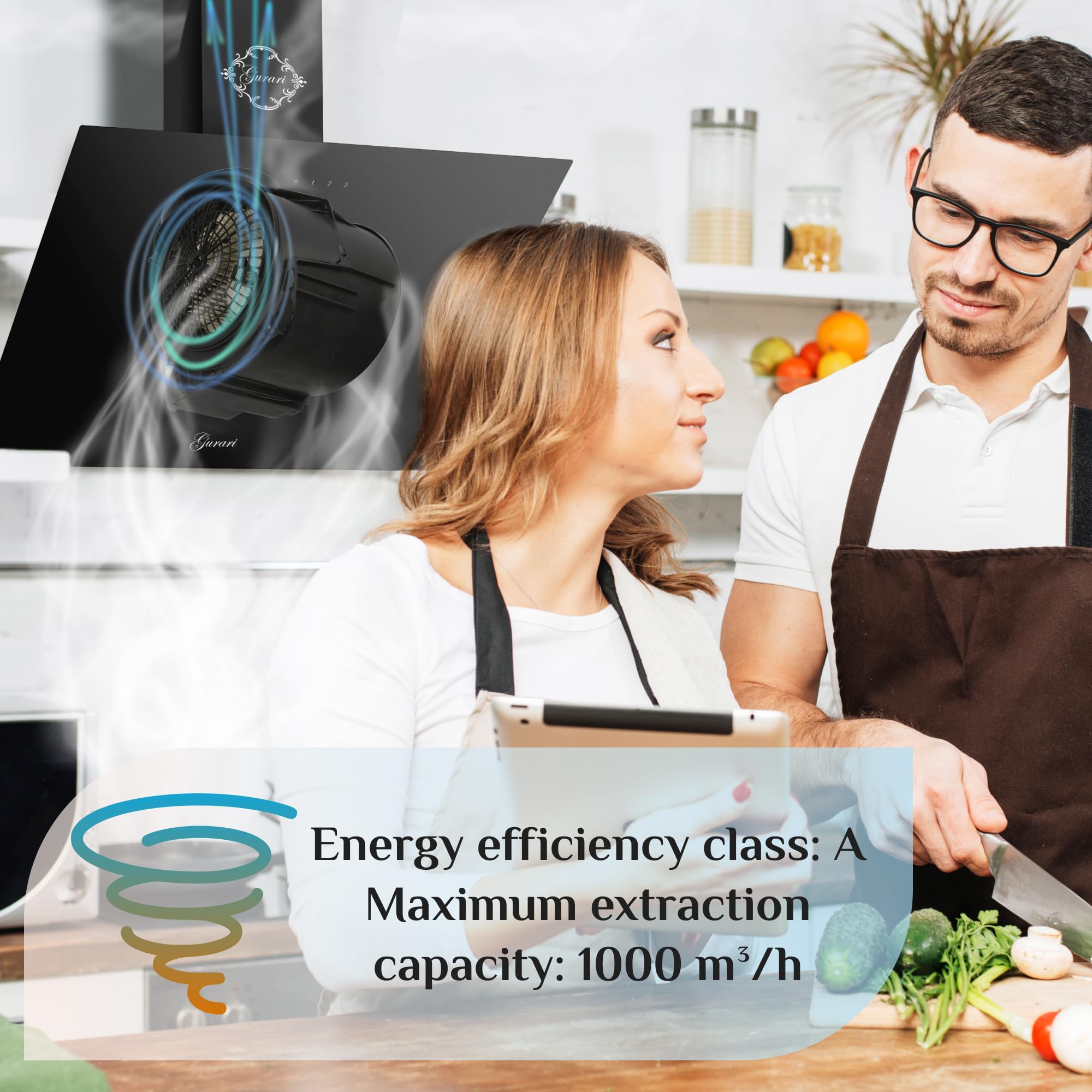 Gurari Cappa Aspirante 90 cm a Parete GCH D 286 Vetro Nero | Design Senza Testa e Inclinato | Motore 1000 m³/h | TouchControl, Telecomando Incluso | LED | Timer | Filtro Lavabile | Scarico e Ricircolo
