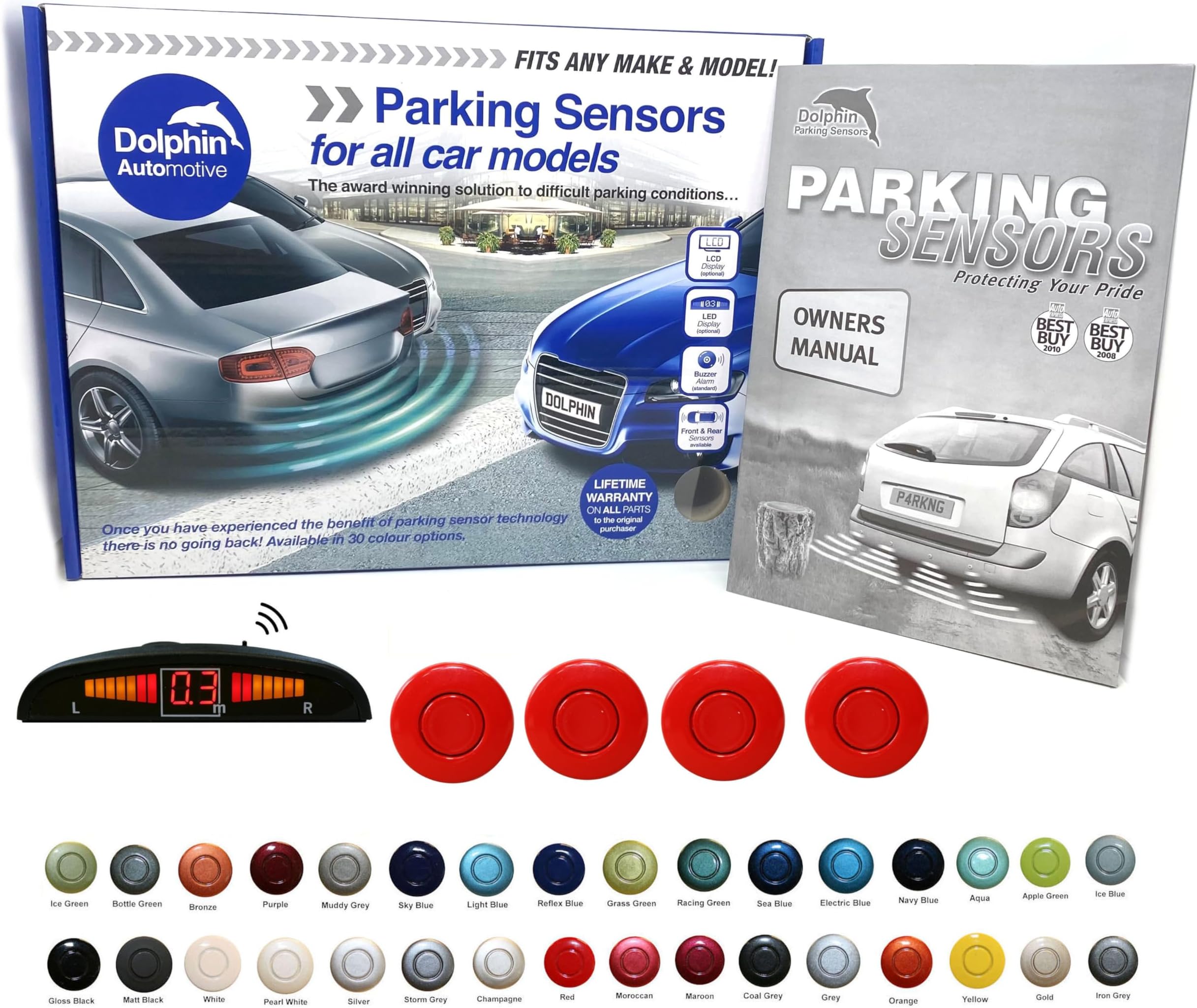Dolphin AutomotiveDPS450 Reverse Parking Sensors In 32 Colours 4 Ultrasonic Radar Sensors Kit Audio & Display Alert System - Red