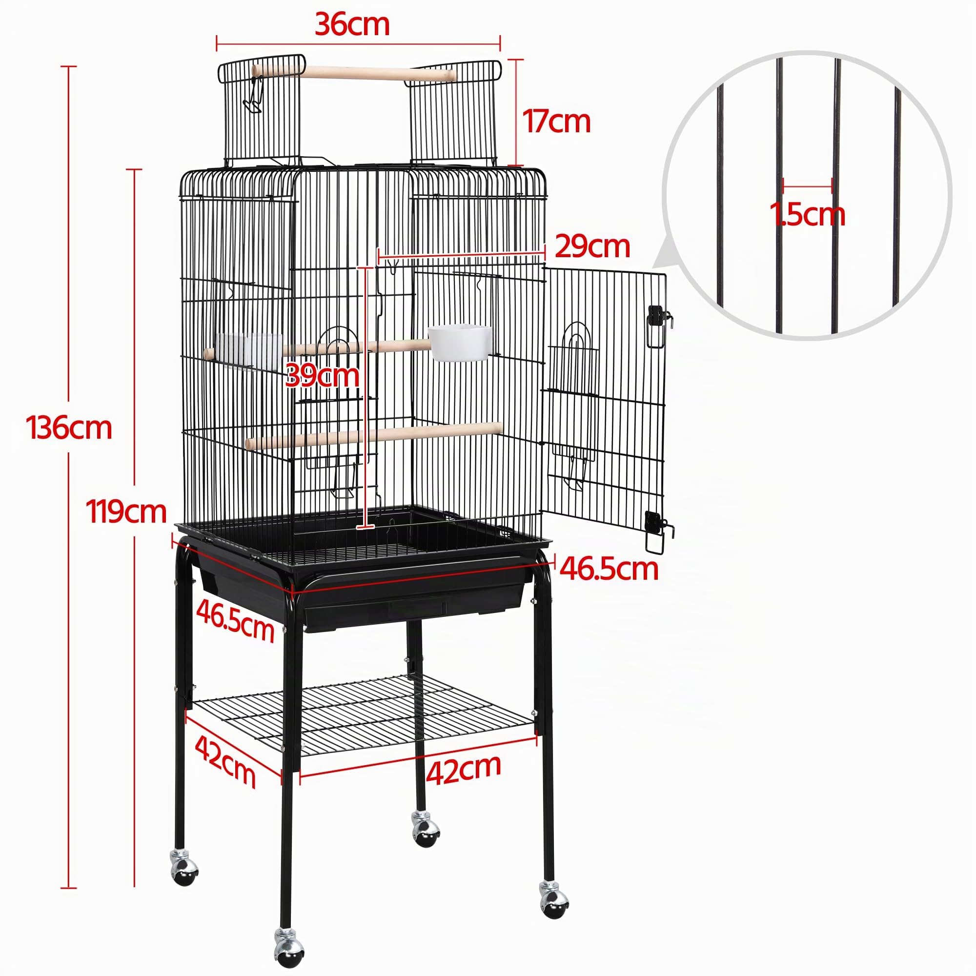 Yaheetech Gabbia per Uccelli Pappagalli Calopsite con Piedistallo in Metallo con Tetto Apribile Nera 46 x 46x 119 cm